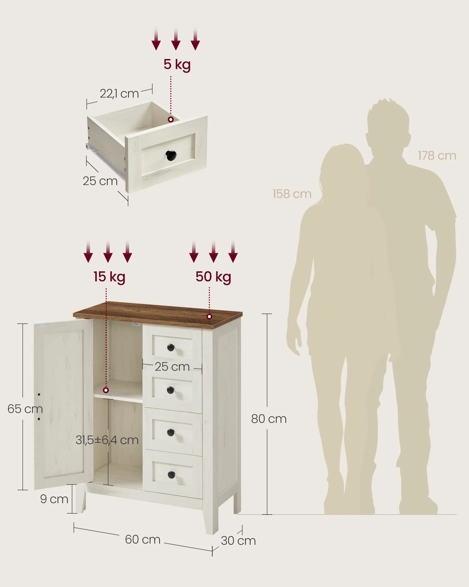 VASAGLE LIRY Colección - Armario de Almacenamiento, Mueble de Baño Estilo Campo con 4 Cajones, Organizador Independiente, Puerta de Granero, Estante Ajustable, Blanco Rústico BBK753W01