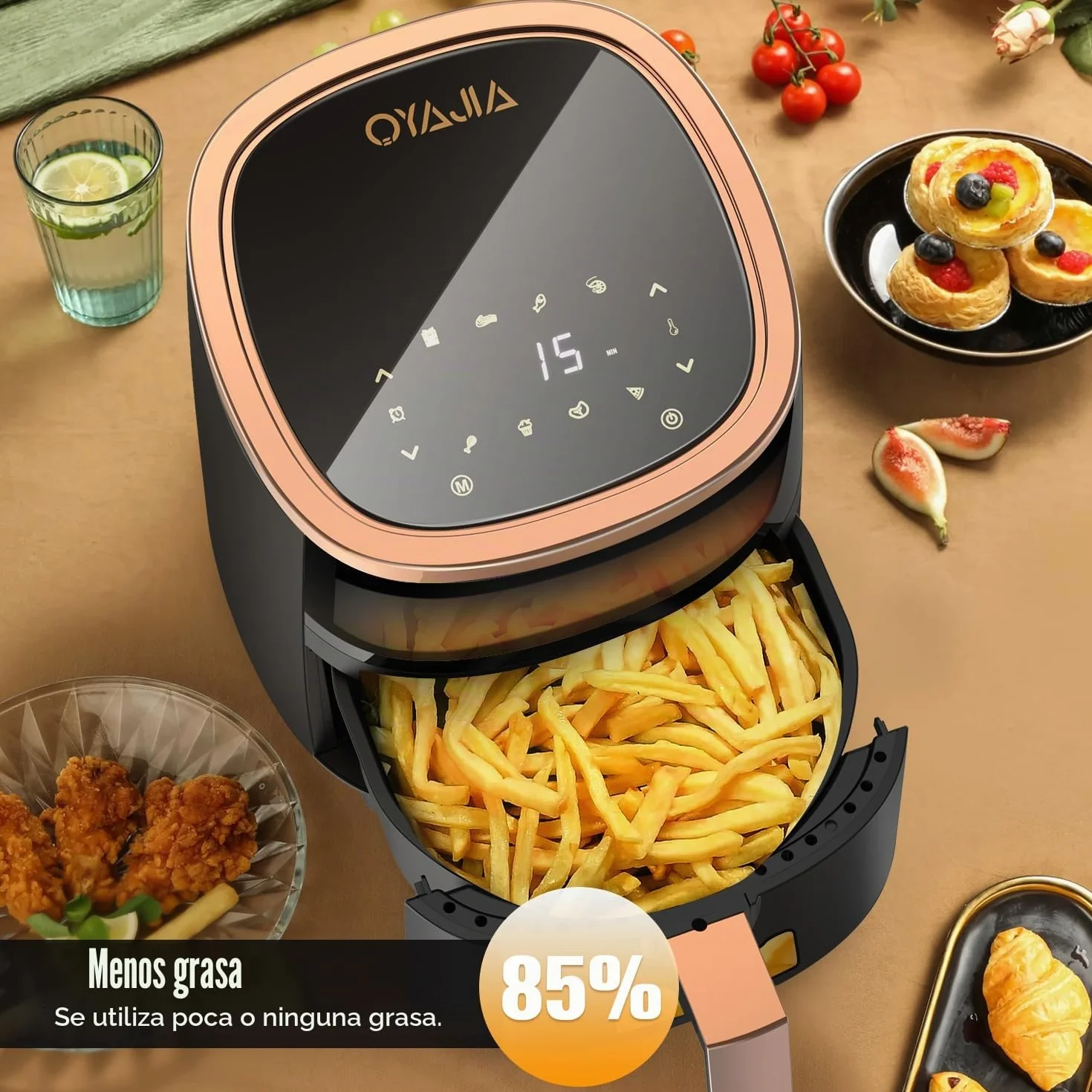 Freidora de aire caliente, 6 litros, airfryer con 8 programas, tecnología Rapid Air, pantalla táctil, ventana de visualización, apta para lavavajillas, freidora sin aceite, parrilla digital, horneado