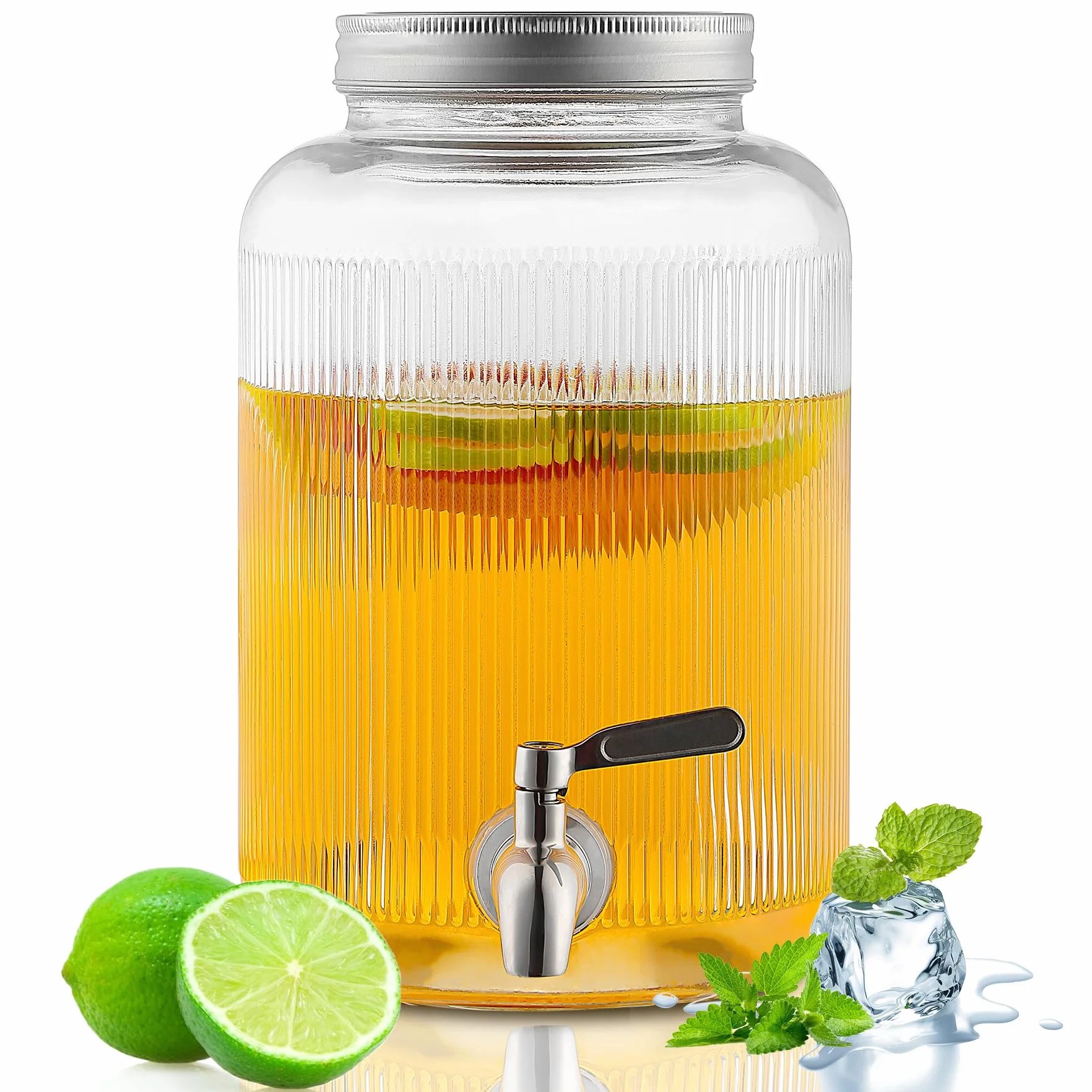 Evanda Dispensador de bebidas de vidrio con grifo de acero inoxidable a prueba de fugas, Dispensador de bebidas heladas de 4L, Dispensador de bebidas para tetera de frutas para hacer té helado