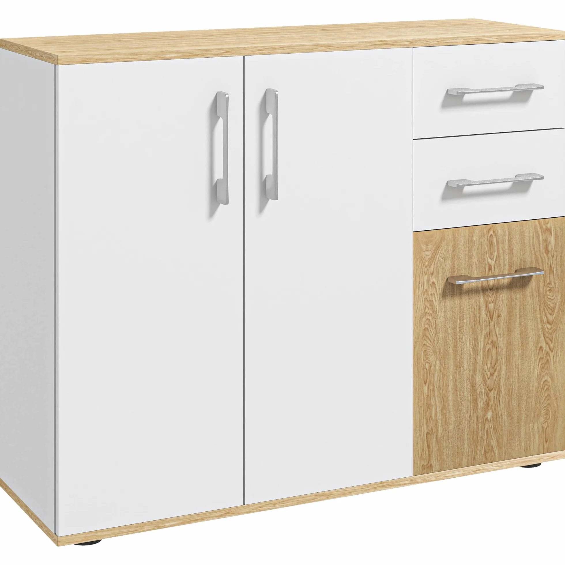 HOMCOM Aparador de Salón Moderno con 2 Cajones y 2 Armarios 90x30x75,5 cm Blanco y Natural