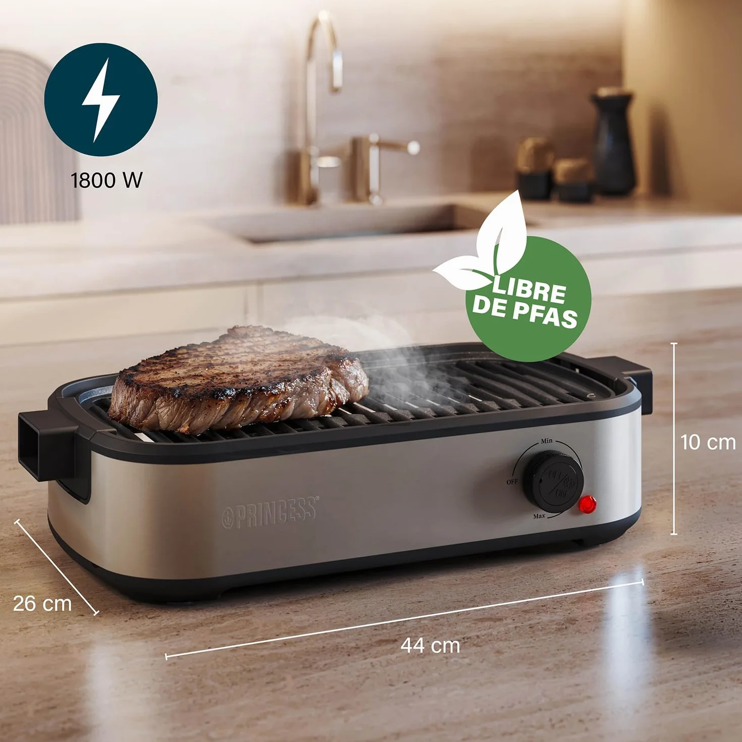 Princess Table Chef Purify Parrilla de Mesa, Barbacoa sin Humo con Sistema de Filtro de Aire, Termostato Regulable, Recubrimiento Ceramico sin PFAS, Superficie de 35 x 21 cm, 103215