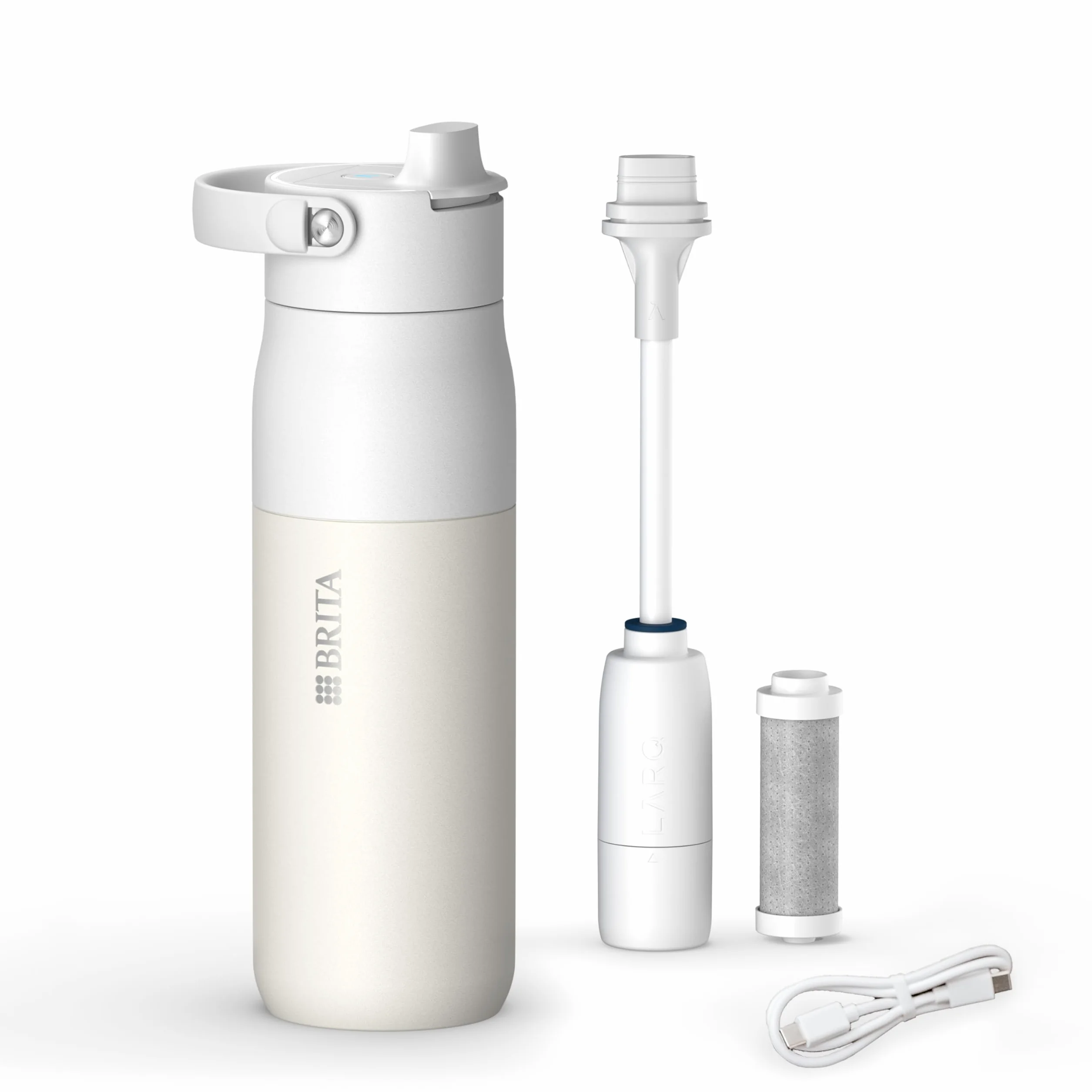 BRITA LARQ iQ Botella filtrante Blanco 680 ml con seguimiento inteligente de hidratación, filtro de carbón activado y autolimpieza UV‑C