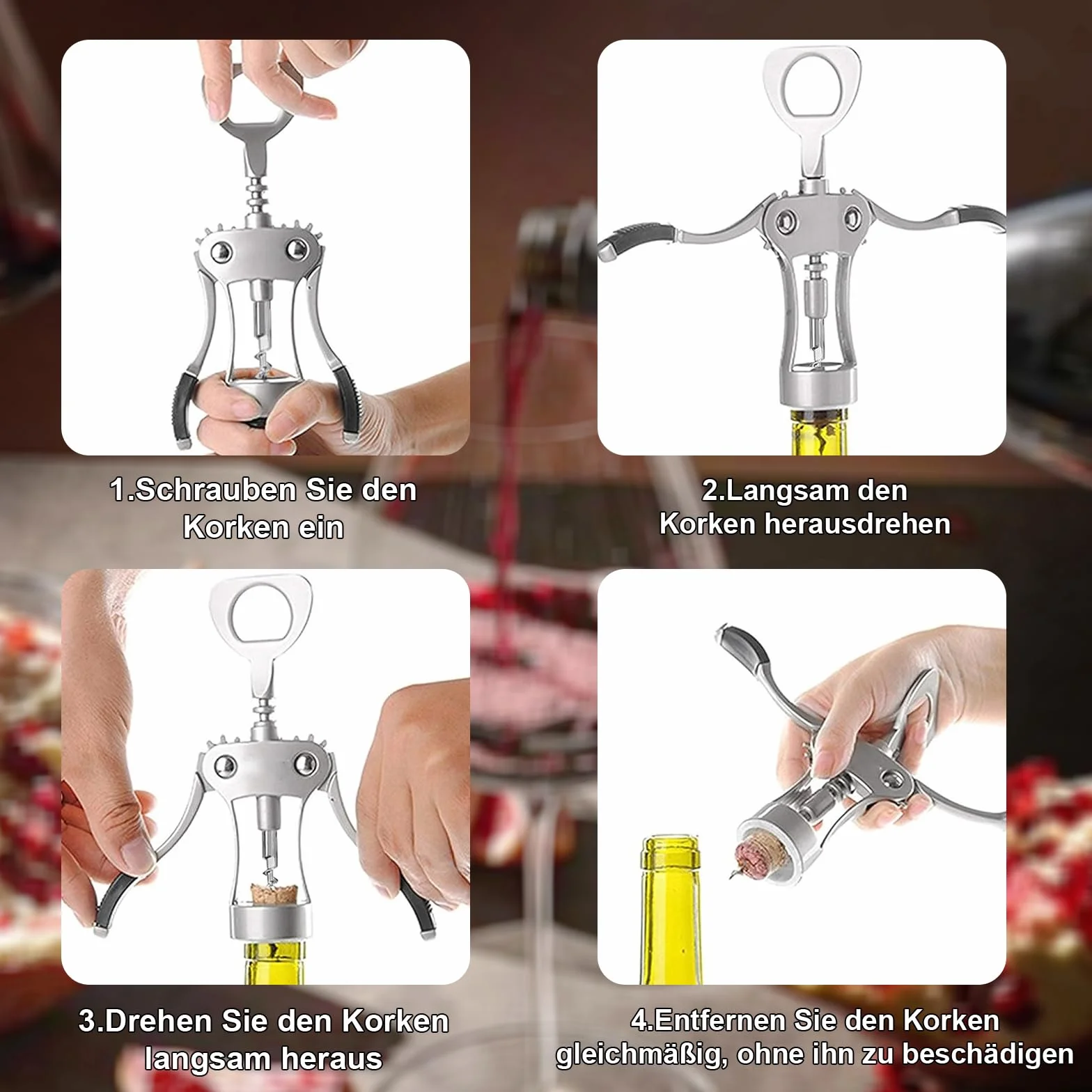 Sacacorchos Abridor de Vino Aleación de Zinc Ala - Abrebotellas Vino Cerveza Doble Uso, Plata