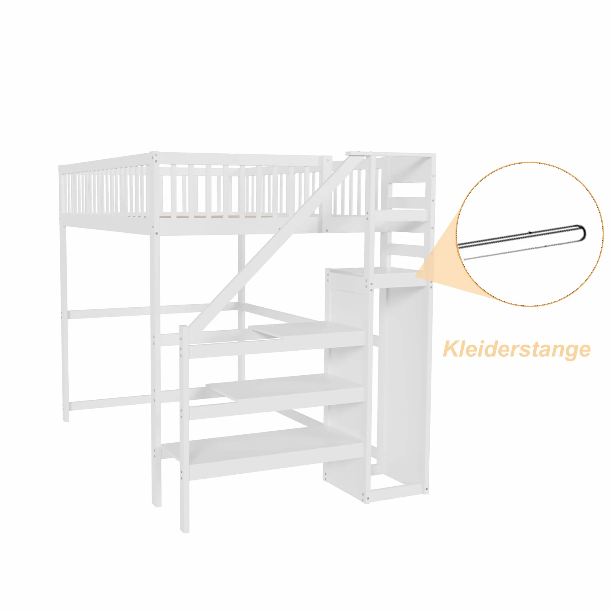 Azkoeesy Cama Alta Juvenil 140x200 cm en Madera de Pino Blanca, Escala Integrada Ahorra Espacio, Armario, Barandilla de Seguridad y Somier, para Niños y Adolescentes