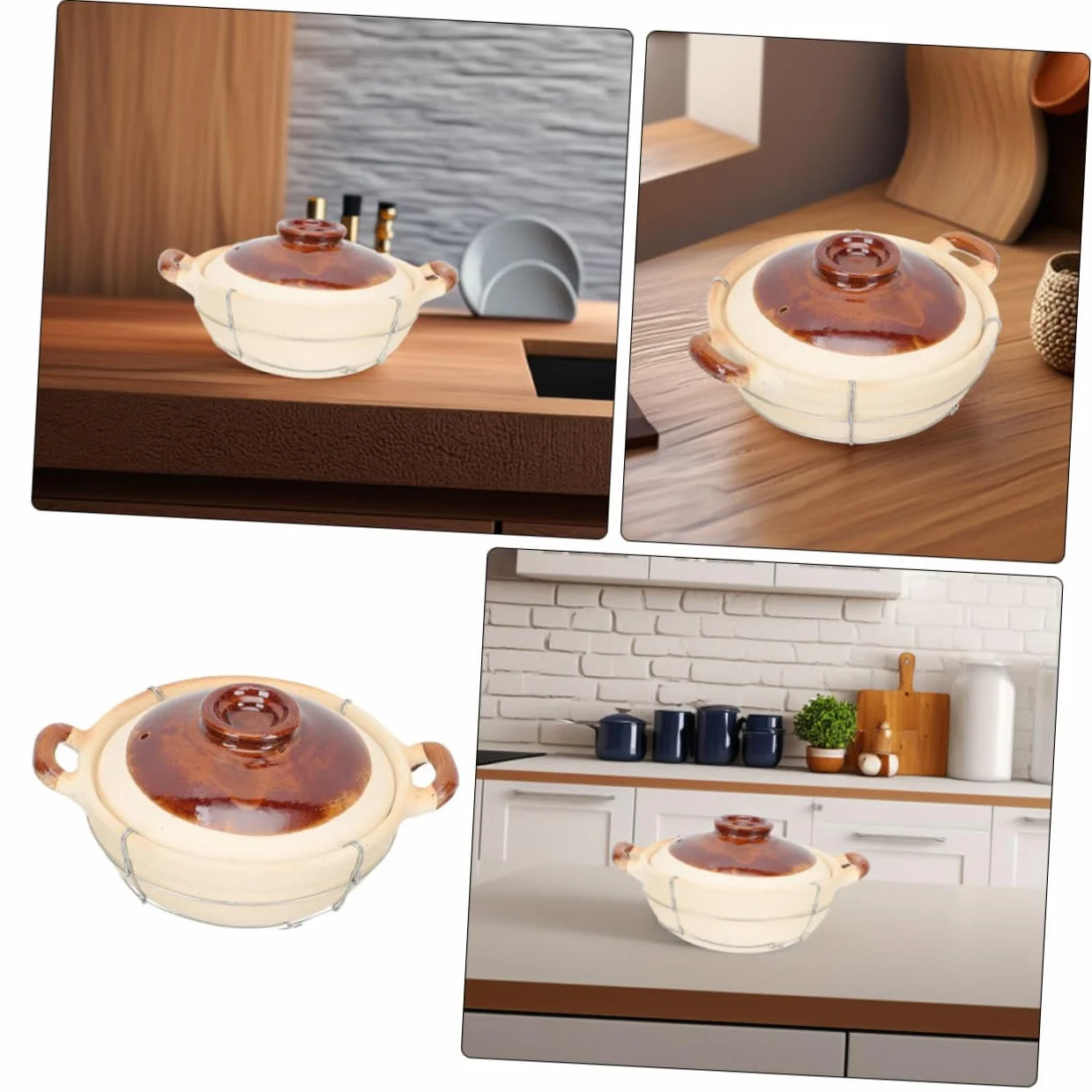 Olla de Barro con Asa para Cocinar, 2 Piezas Beige de Arcilla | Hierro Incluido Estructura, Diseño de Agarre Seguro y Resistente al Calor, para Sopas y Preparación Individual