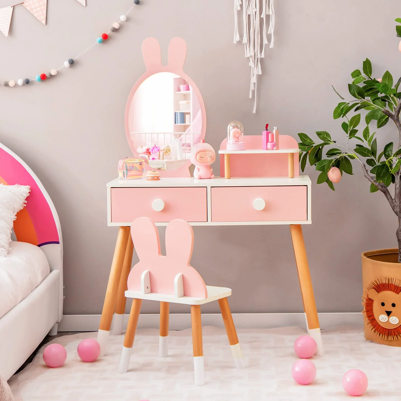 COSTWAY Tocador de Maquillaje Princesa Niña, Juego Mesa y Silla, Escritorio Espejo 2 en 1, 2 Cajones Estante, Patas Madera Maciza Rosa