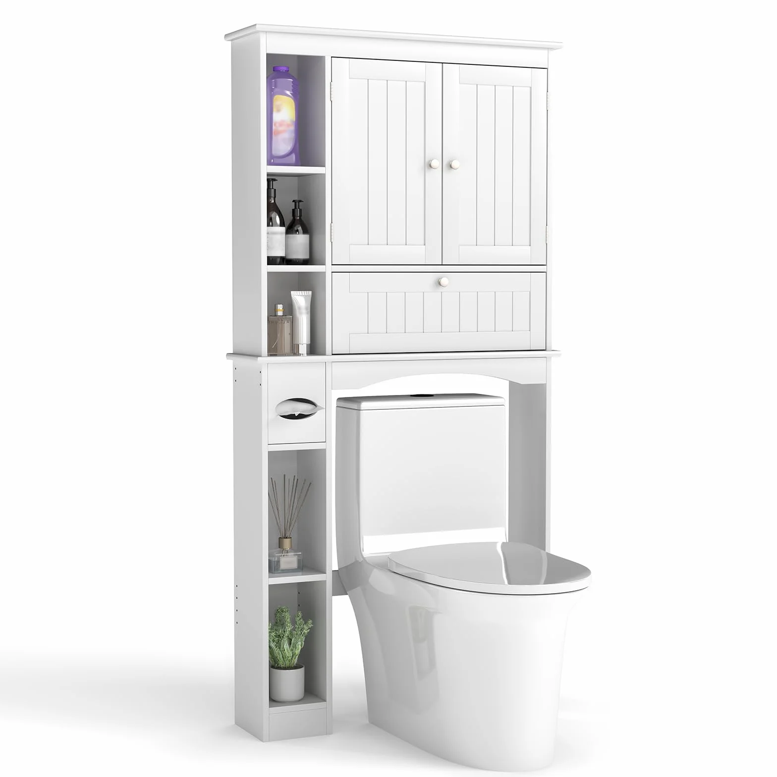 COSTWAY Armario de Almacenamiento sobre el Inodoro, Estantería con 3 Puertas y 6 Compartimentos, Estante Ajustable, Soporte para Papel Higiénico, Organizador Que Ahorra Espacio para Baño, Blanco