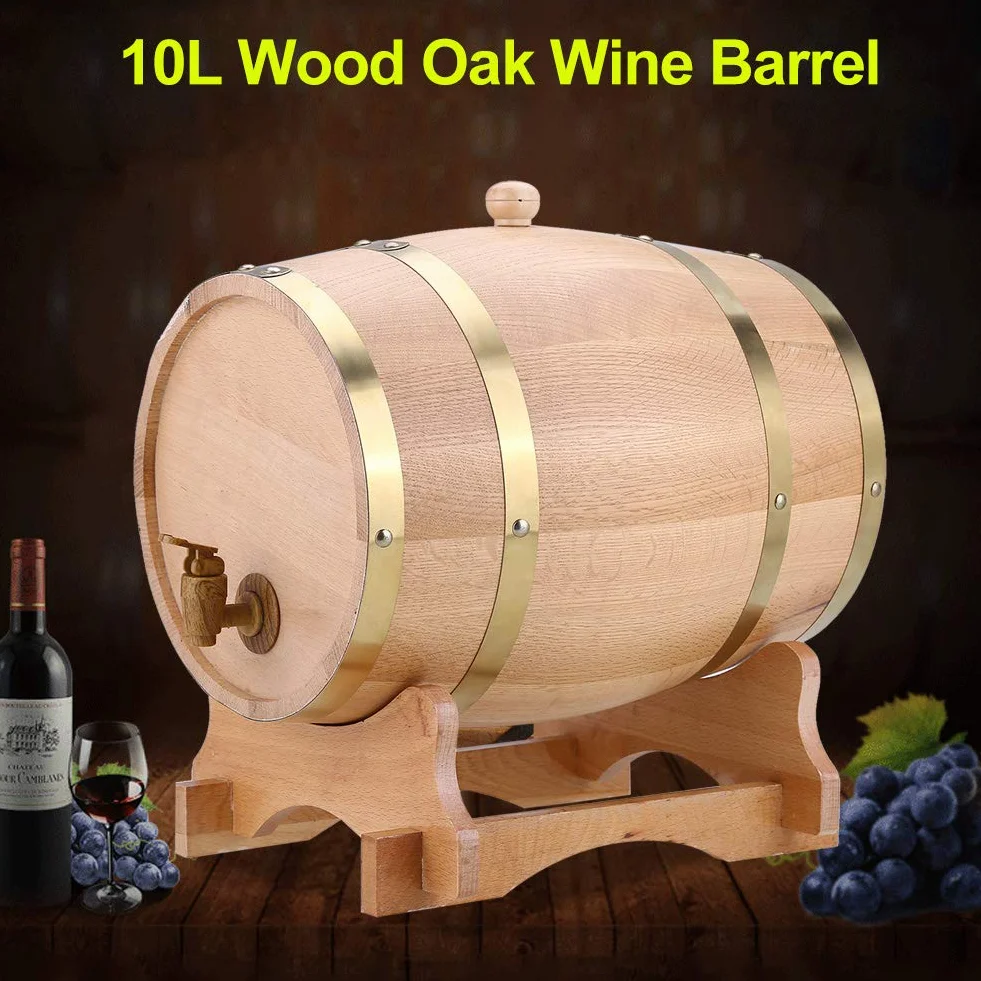 Barril Vino 10 Litros, Barril Vino Madera Roble Vintage con Soporte para Whisky Borbón Tequila
