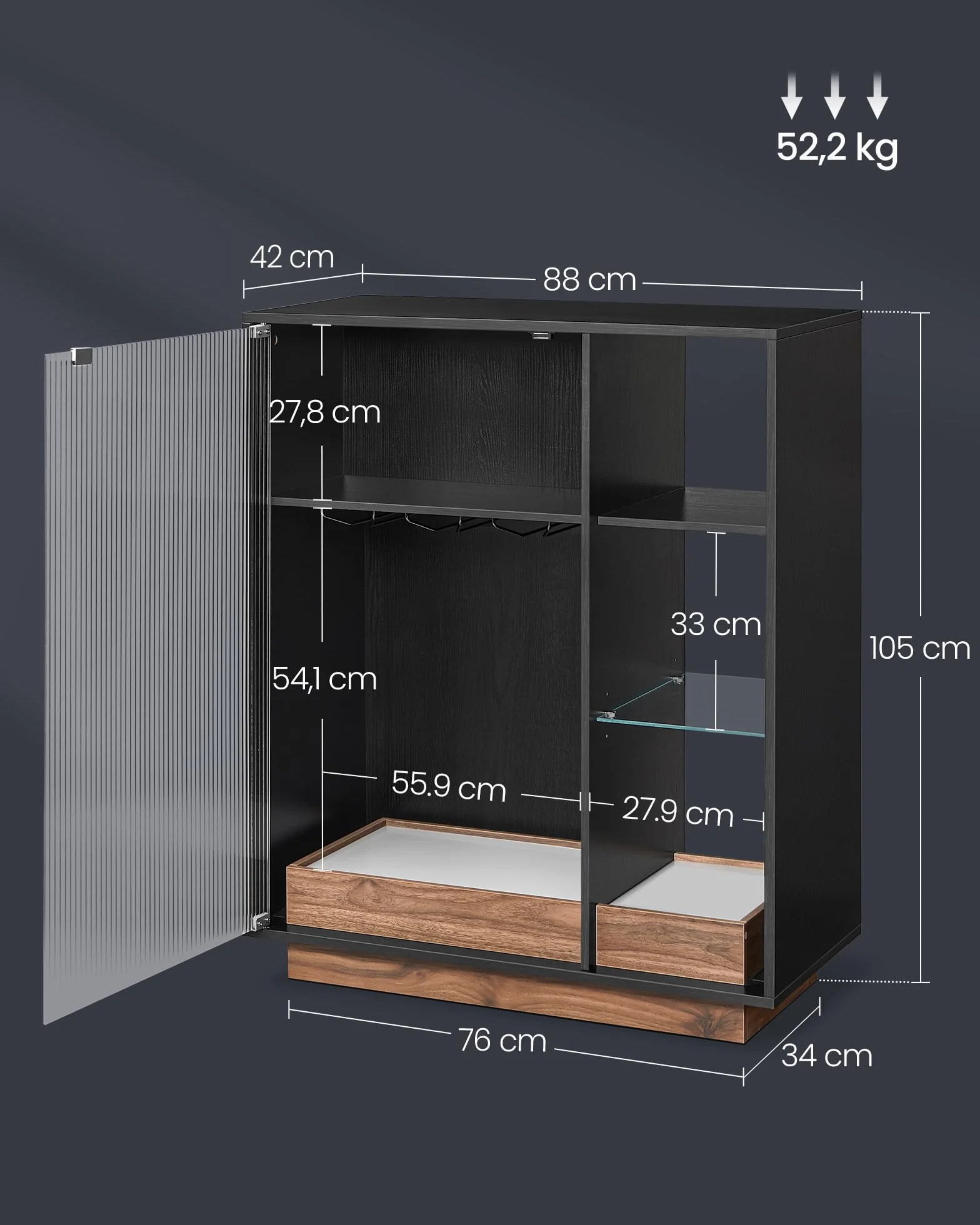 VASAGLE Aparador, Armario Bar Vino con Luces LED, con Almacenaje para Vino, Bar Café Licor, con Portavasos, Puerta de Vidrio Acanalado, para Sala de Estar, Negro Ébano BBK361B21