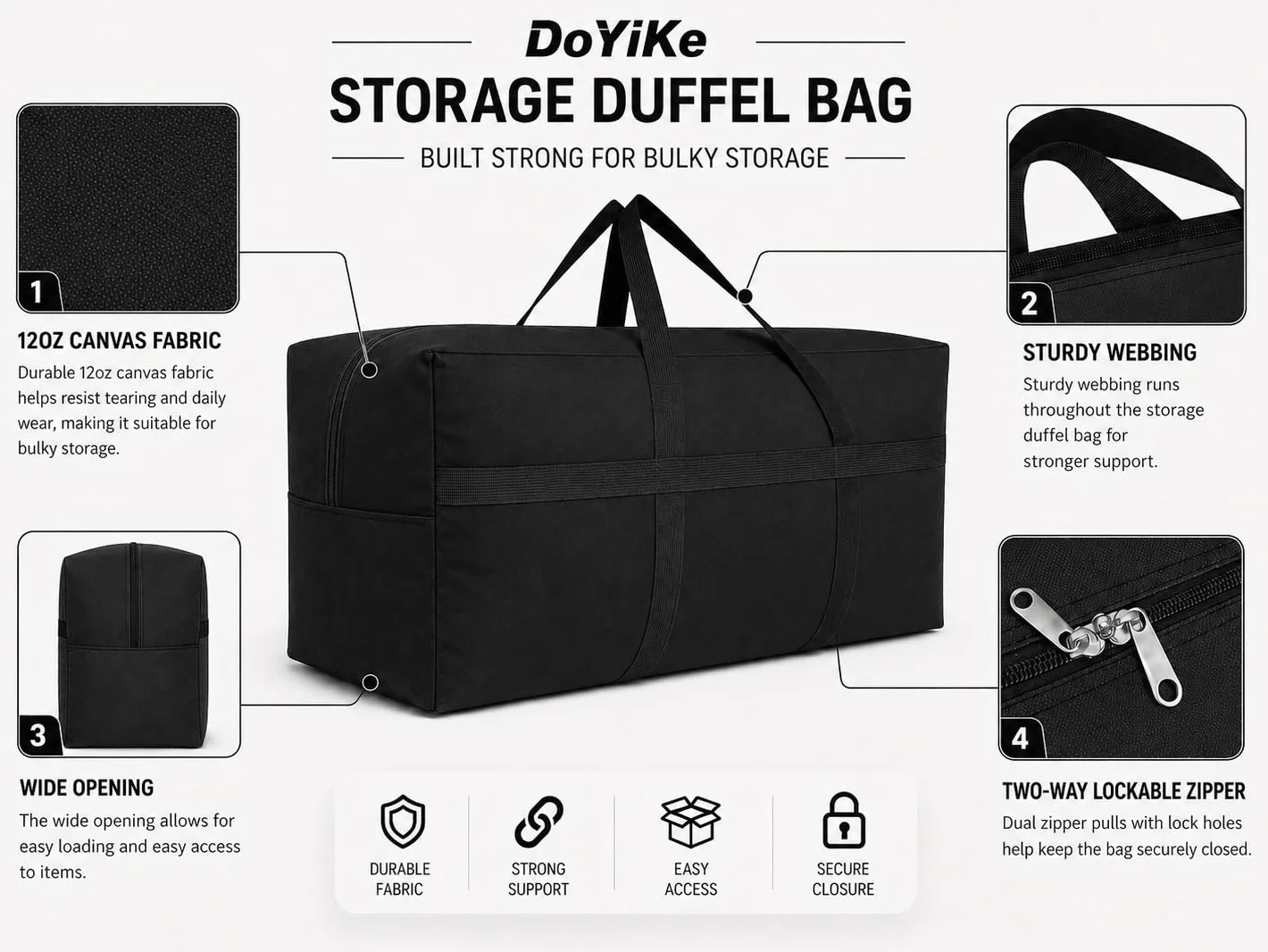 DoYiKe Bolsa de Lona de Almacenamiento Extra Grande con Cremalleras y Asas, Gran Bolsa de Lona Plegable para Viajar