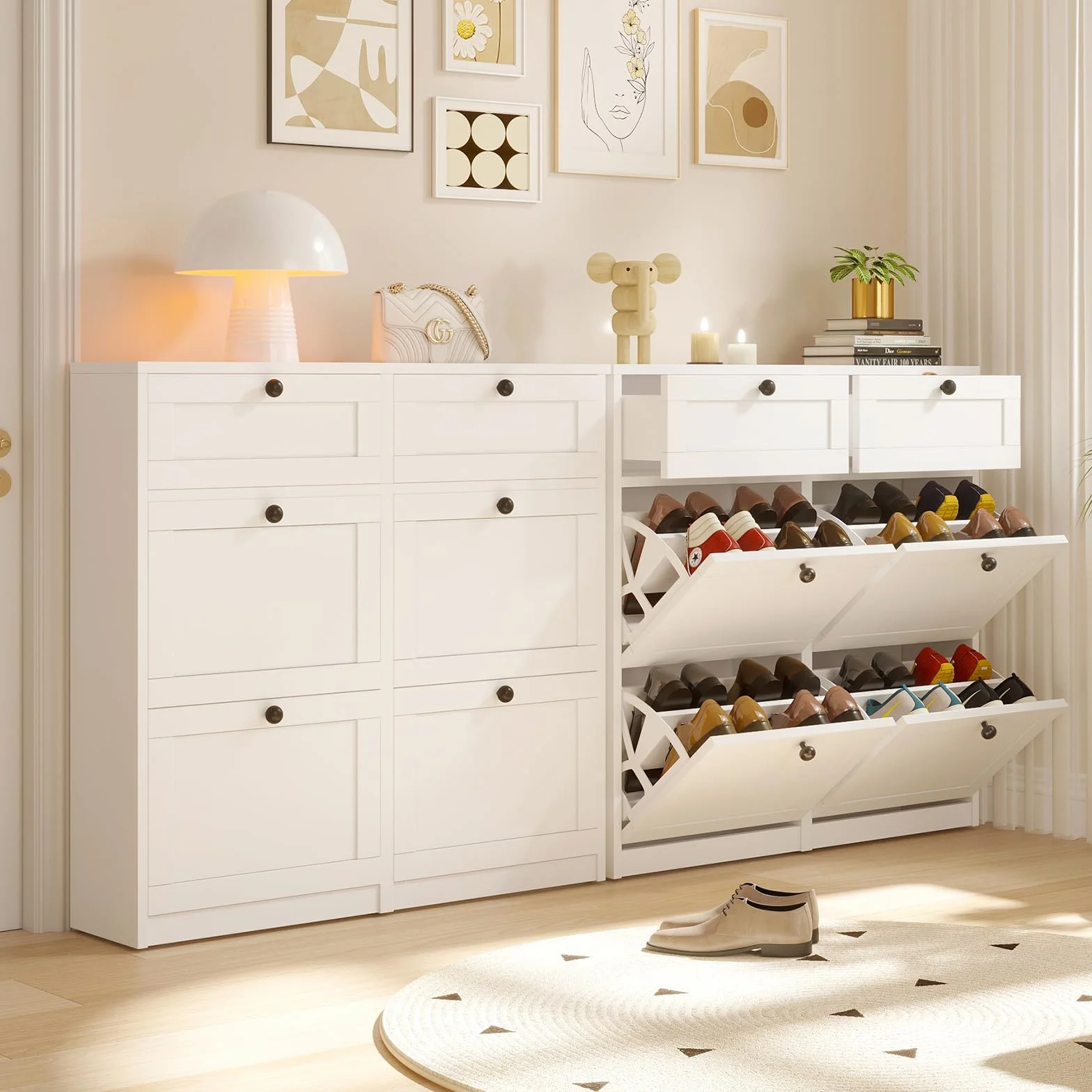 VOWNER Zapatero Estrecho, Zapatero 4 Puertas, Entrada Recibidor, 105 x 24 x 100 cm (Largo x Ancho x Alto), Blanco, para Entrada Estrecha, Pasillo