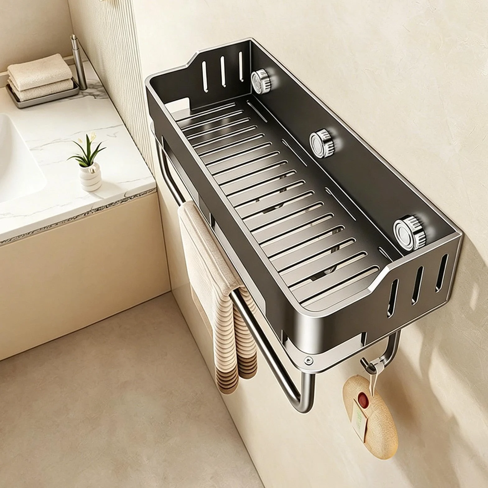 Estante de ducha con ventosa, cesta de pared con agujeros de drenaje, cesta de ducha con ventosa con ganchos y toallero, para balcón, dormitorio, apartamento, baño, despensa, cocina y hogar
