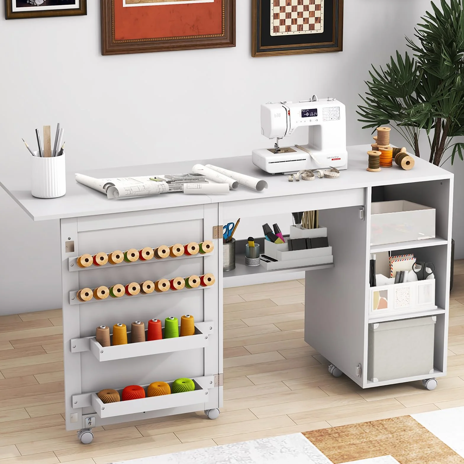 GIANTEX Armario de Costura Plegable con 6 Ruedas, Mesa de Coser con 3 Estantes Abiertos y 18 Portacarretes, 146x50x78 cm, Mesa Multiusos 2 en 1 para Dormitorio, Salón y Estudio, Blanco