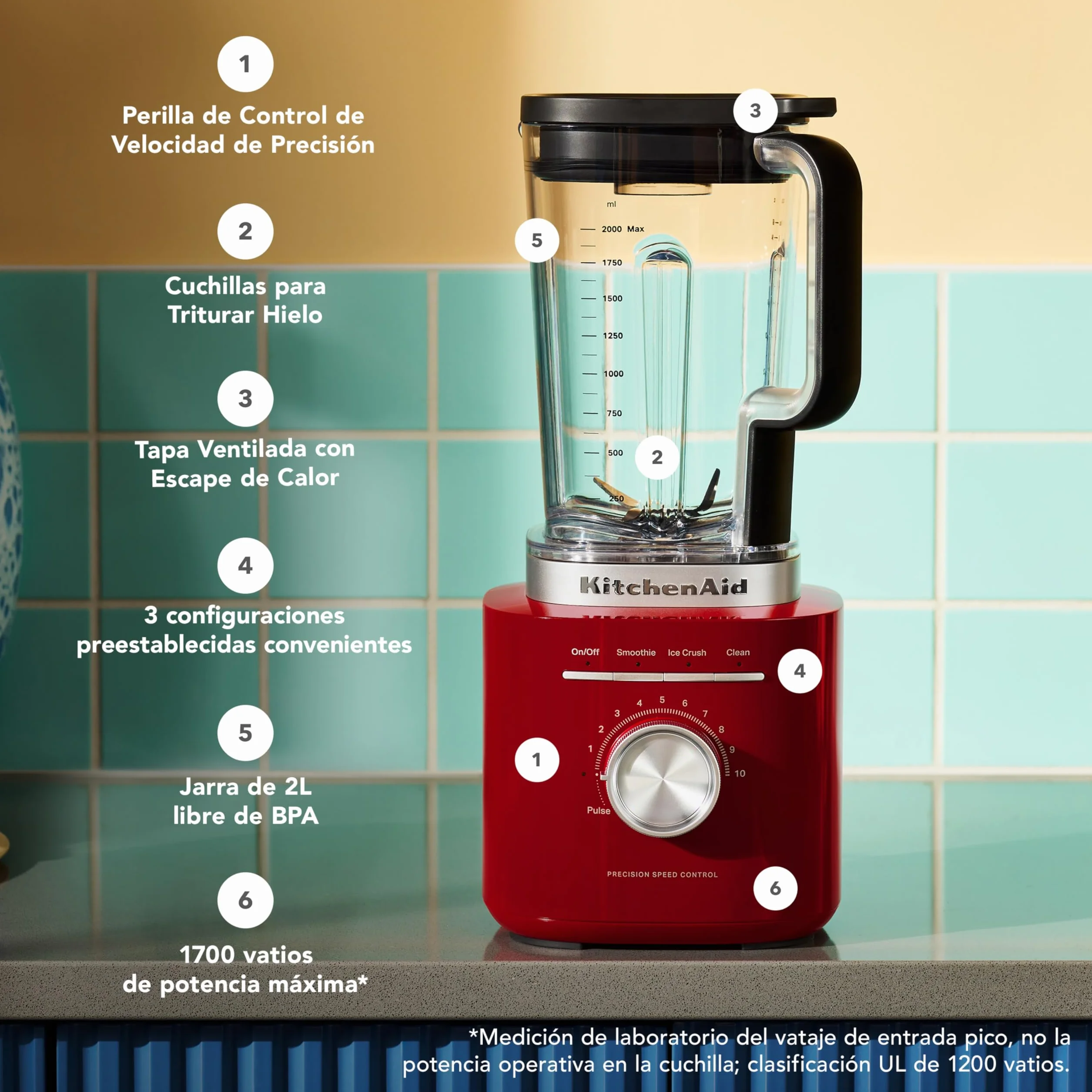 KitchenAid Batidora Pure Power, Jarra 2L Sin BPA, 10 Velocidades, Hielo y Smoothie, Cuchillas Asimétricas de Acero, Base Metal Fundido, Rojo Imperio