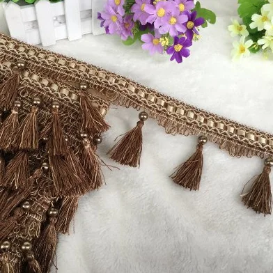 Borde de flecos con cuentas de 12 yardas - Trenza de poliéster duradera(Beige)