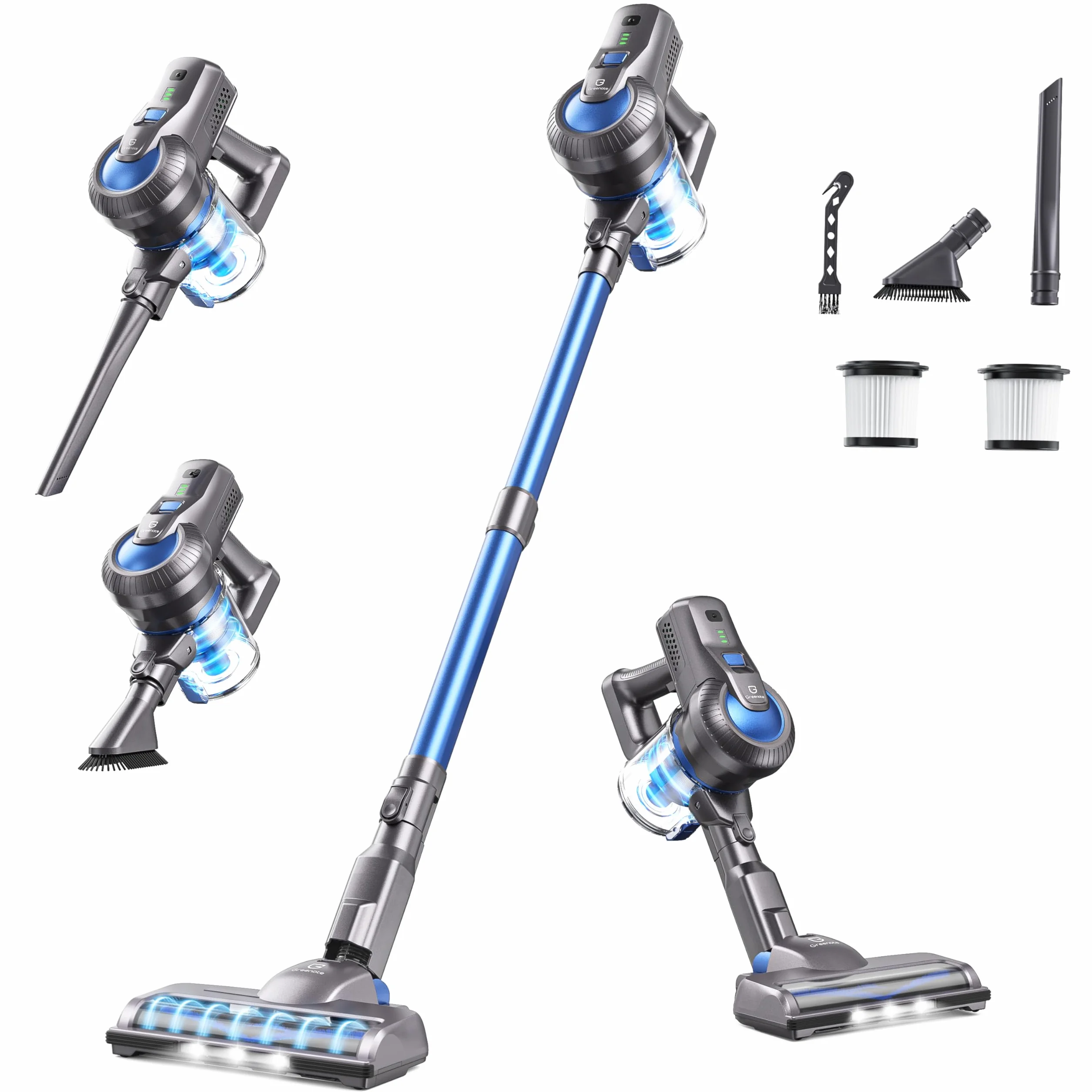 Greenote Aspiradora sin Cable,23000pa Ligero Aspiradora Inalámbrica,Aspirador Vertical con Luces LED,Multifuncional 6 en 1,Funciona 35 Mins,Peso 1,5 kg,para Suelos Duros y Alfombra de Pelo Corto