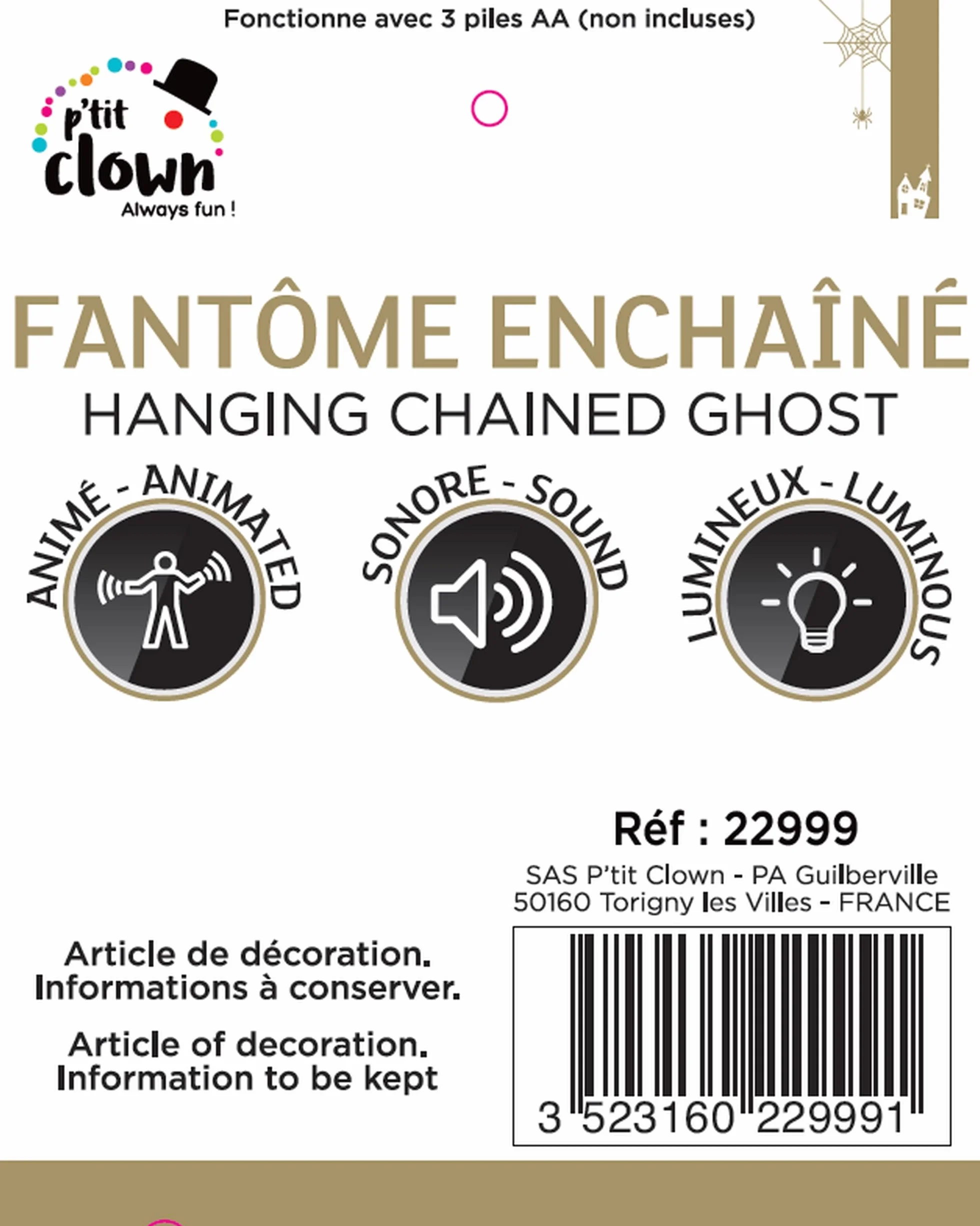 P'tit Clown Autómata de Halloween Animatrónico Fantasma Sonido y Luminoso 130 cm