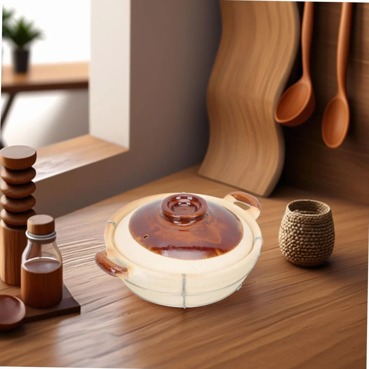 Cazuela de Barro con Asa, 2 Piezas, Beige, para Guisos | Arcilla y Hierro, Resistente a Altas Temperaturas, Diseño Ergonómico del Mango
