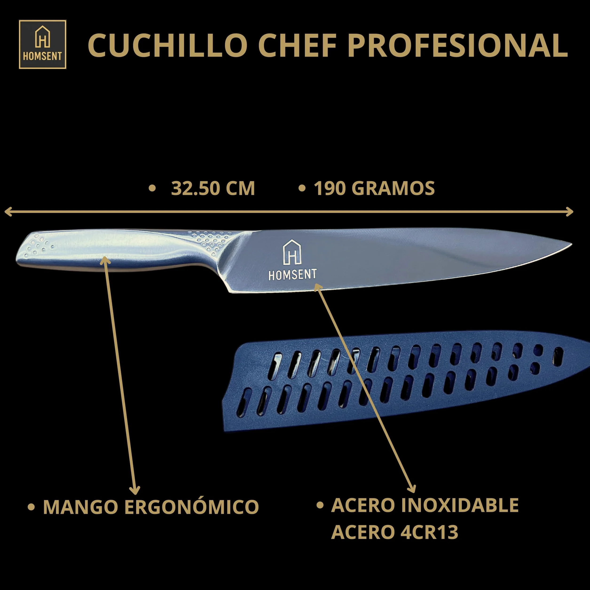 HOMSENT Set Cuchillo Chef 8" + Tabla Cortar Doble Cara Acero Inoxidable 304 Antideslizante Afilador Integrado