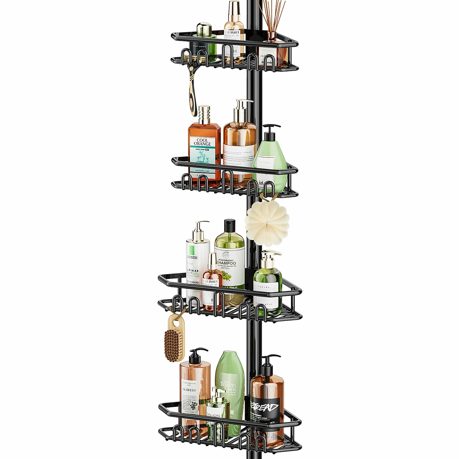 Mutool Organizador de ducha telescópico ajustable, estante de ducha esquinero ajustable con 4 estantes, organizador de almacenamiento de baño sin taladrar para baño, bañera, champú, color negro