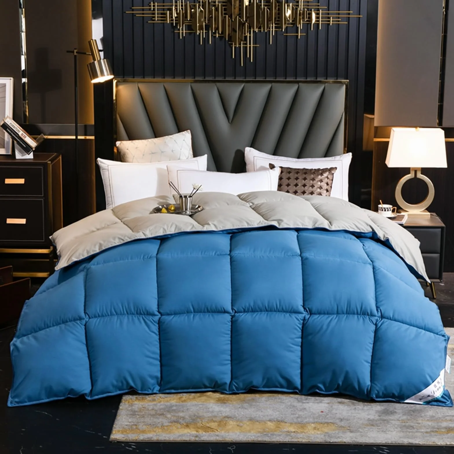 Edredón Nórdico De Plumas Edredón Cama Todas Estaciones, Relleno Pluma Y Plumón De Ganso Desde Latitudes Altas, Ligero Y Suave, 100% Algodón, Lavar A Maquina, 240x220cm (Blue+Gray,220*240 cm 5kg)