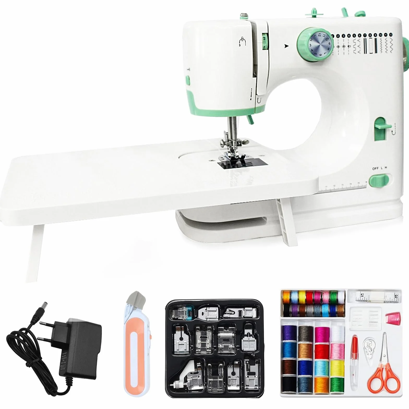 FLSM-520 Máquina de Coser Portatil Electrica con 12 patrones de puntada, Máquinas de Coser para Principiantes, Regalo para el día de la Madre (Máquina de Coser+Accesorios de Costura)