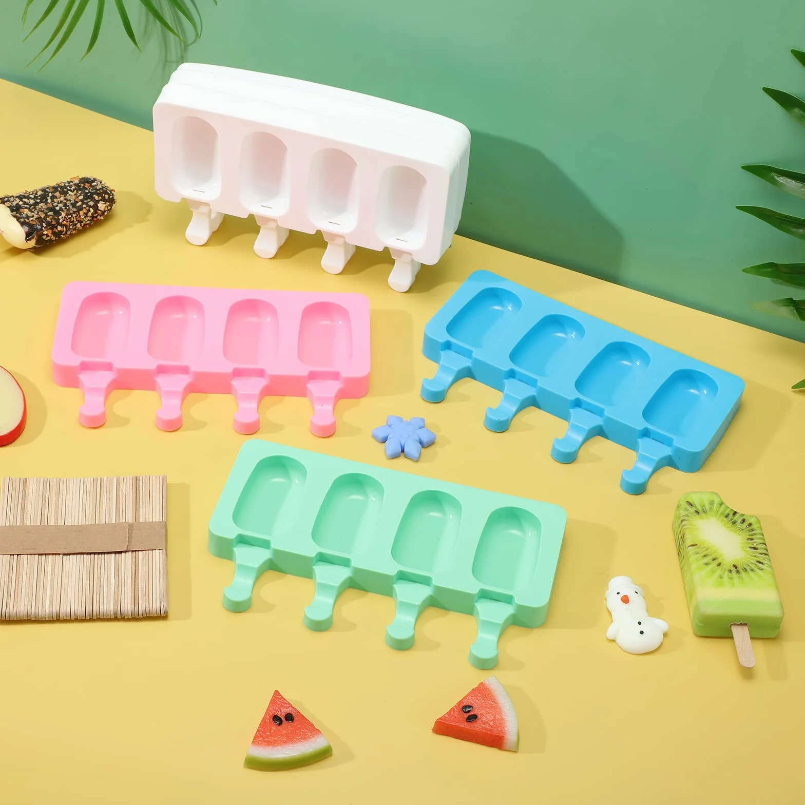 Irenare 12 moldes caseros para tartas, 4 cavidades, moldes ovalados de silicona reutilizables con 50 palos de madera para hacer helados