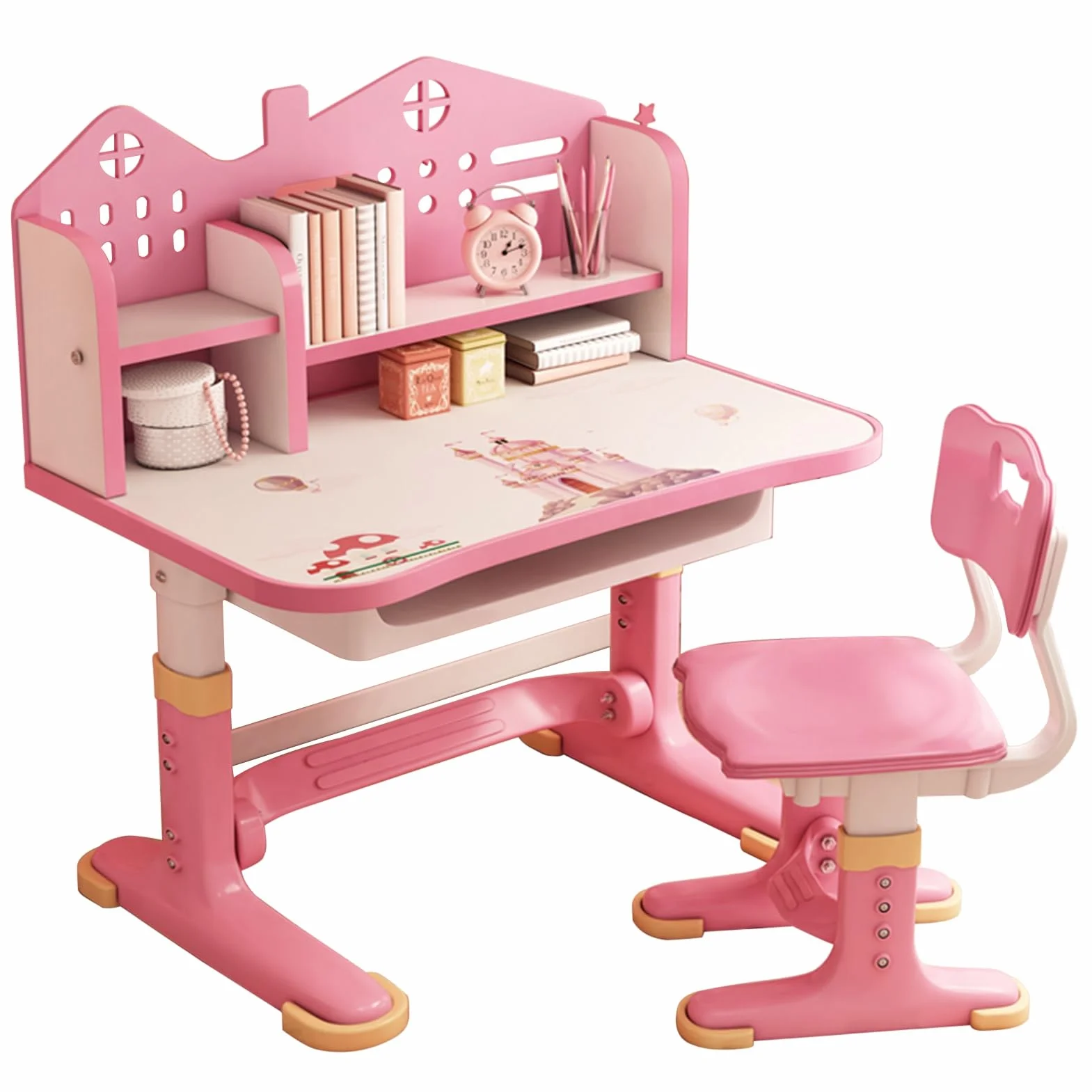Juego de escritorio y silla para niños, silla de escritorio para niños, escritorios infantiles de altura ajustable con tablero de castillo, escritorio ampliado, soporte para libros y cajón de