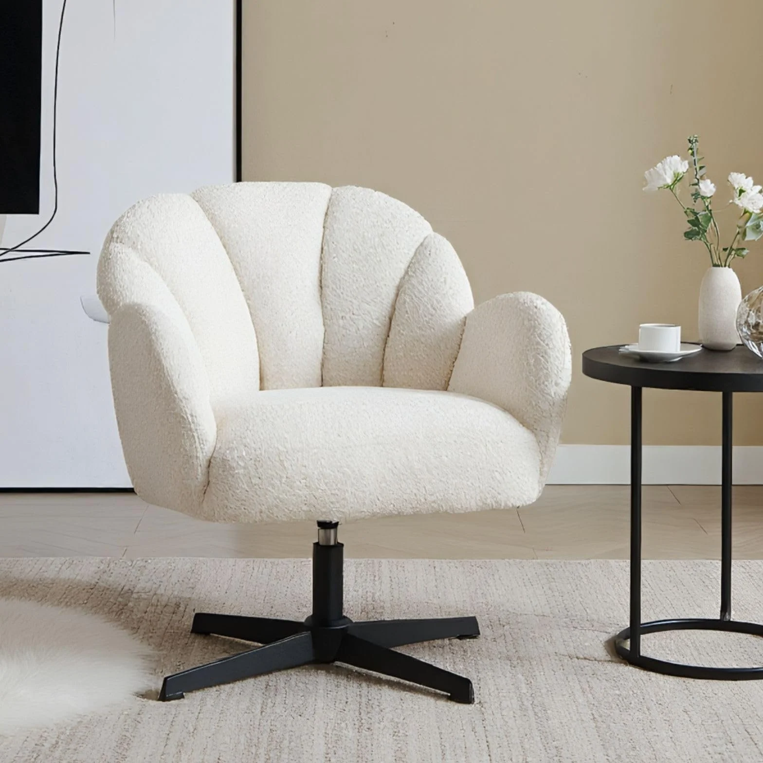 chairus Sillón Butaca de Salón de Lana Sintética Sillón Lectura Habitación Giratoria con Reposabrazos, Silla Individual de Ocio con Base de Metal para Hogar/Dormitorio, Blanco