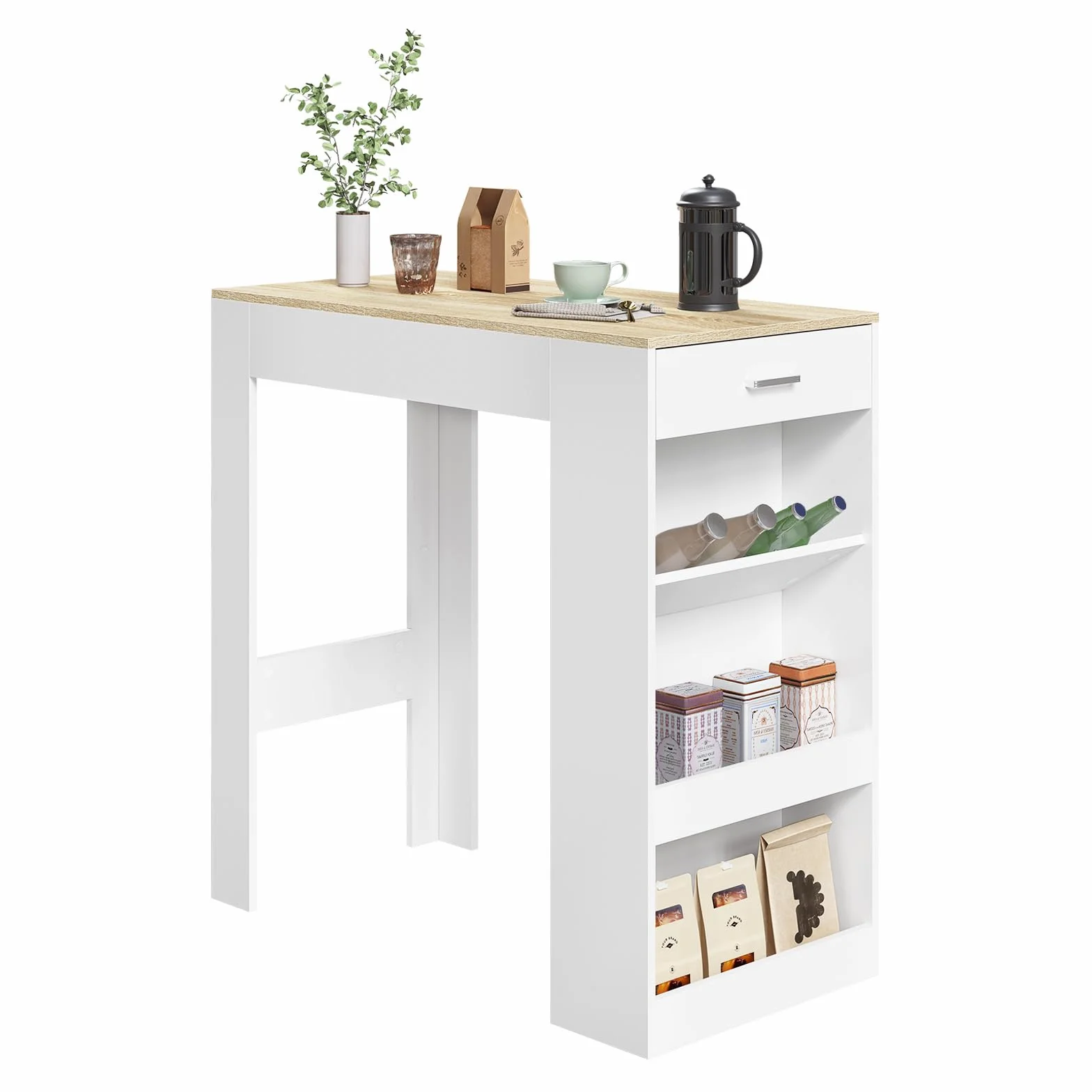 WOLTU Mesa Bar Alta, Mesa Cocina con Estantería Lateral de 1 Cajon 1 Botellero y 2 Estantes, Mesa para Comedor Salón (con Tablas de Madera, Blanco + Roble Claro, 100 x 50 x 100 cm)