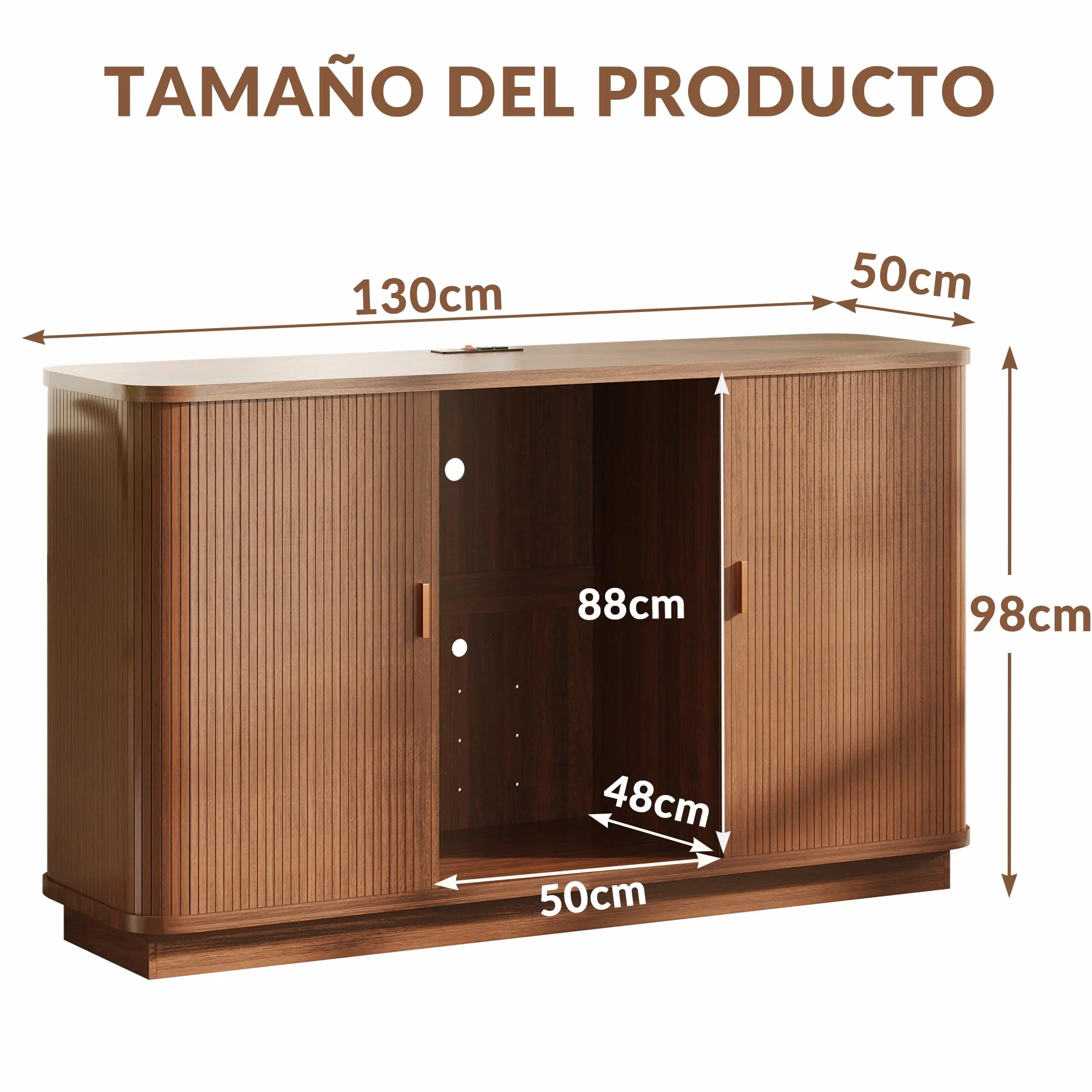 Aparador buffet estriado de 130 cm de largo, mueble bar de café con espacio para refrigerador,mueble bar de vinos retro con puertas enrollables,estantes ajustables y botellero para cocina y comedor