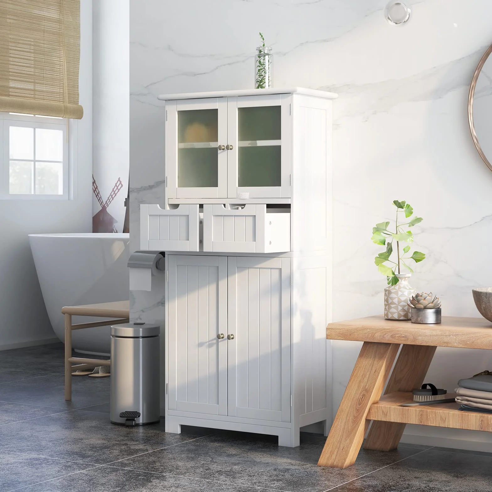 LIFEZEAL Armario Suelo de Baño, Mueble de Baño con Estantes Ajustable, Mueble de Almacenaje con Cajones y Doble Puerta, Mueble Lateral Multifuncional para Cocina (Blanco)