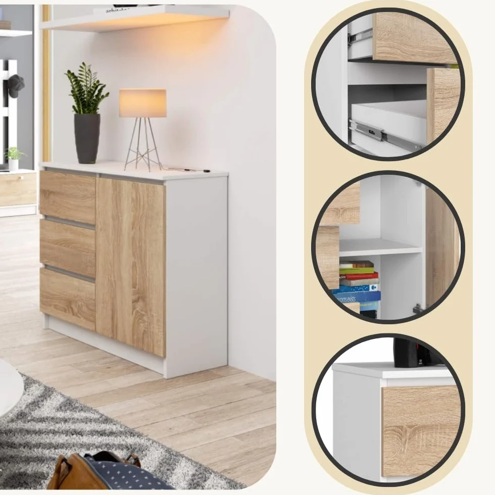 AKORD Cómoda Jerry | Cajonero con 1 Puerta 3 Cajones 2 Estantes | Credenza Alta 80 cm | 80x35x77 cm | Blanco & Roble Sonoma Frente
