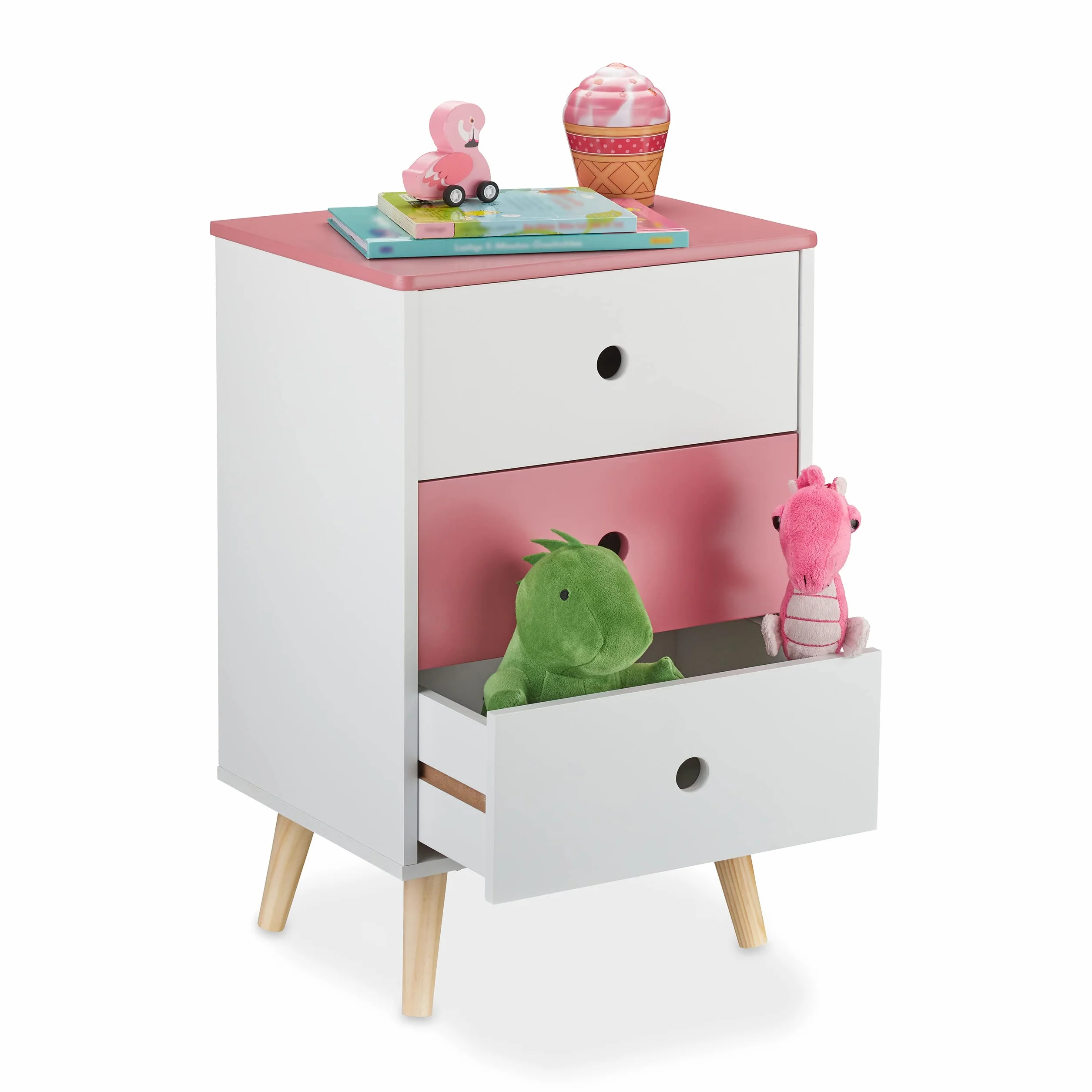 Relaxdays Cómoda Infantil Bicolor, 3 Cajones Amplios, Cajonera Habitación Juguetes, 61,5 x 38 x 30 cm, Blanco y Rosa