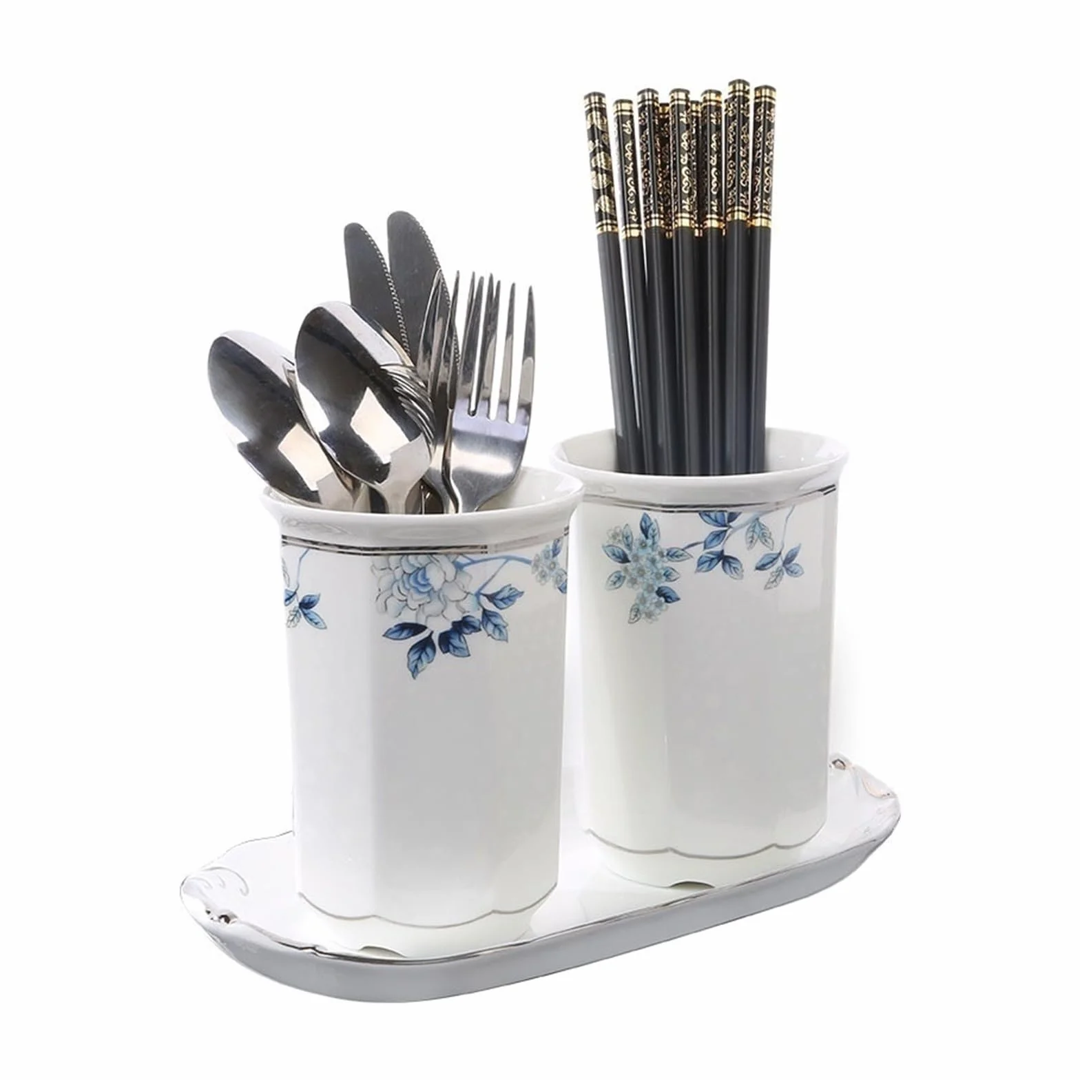 Portacuchillos 2 Piezas Soporte for Utensilios Estilo Lavado de Tinta China, Organizador de Utensilios de Cerámica de Cocina for Encimera, Elegante Soporte for Cubiertos con Orificio de Drenaje Bloque