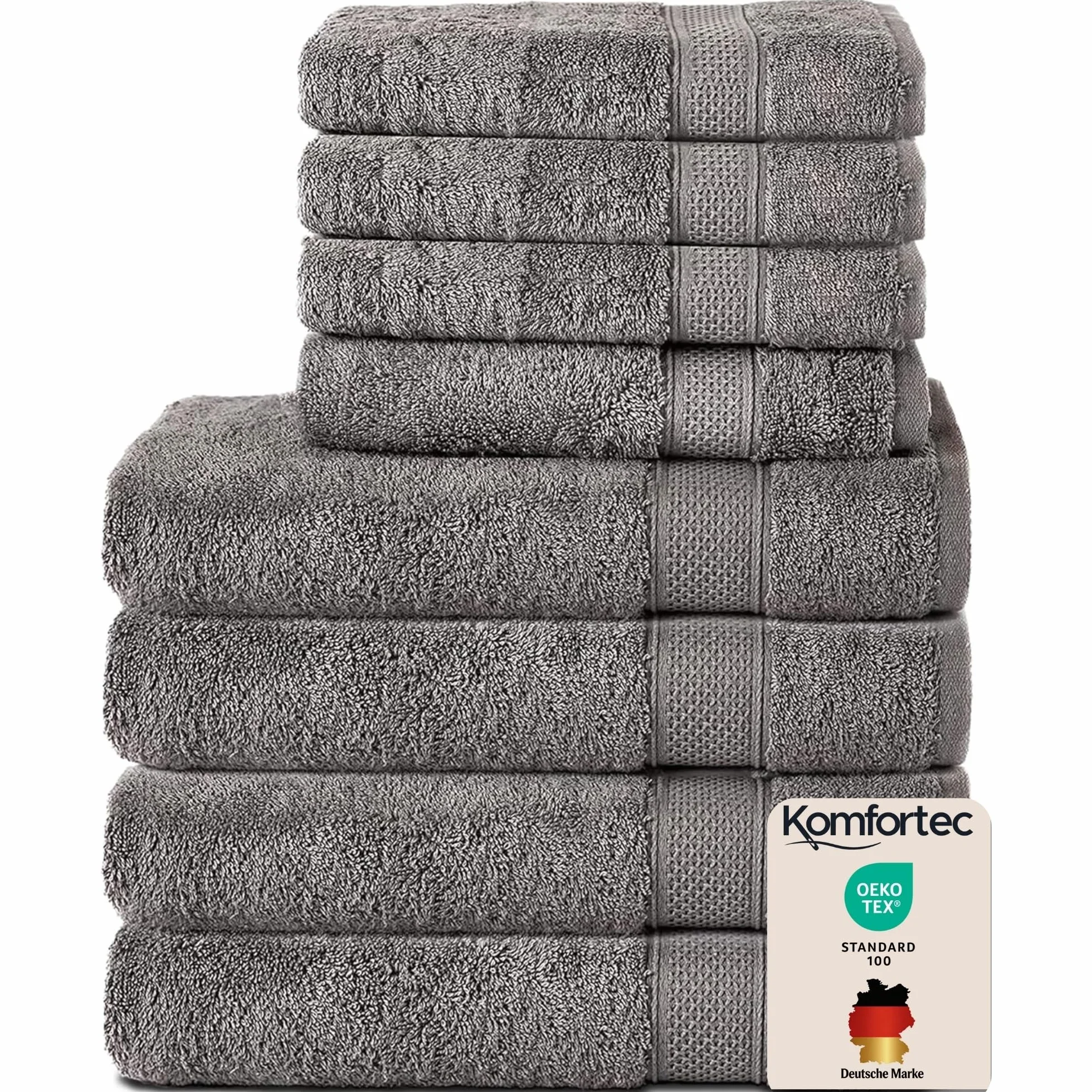 Komfortec Juego de Toallas 8 Piezas | 4 Toallas de Baño 70x140 cm y 4 Toallas 50x100 cm, 100% Algodón, Suaves y Absorbentes, OEKO-TEX, Antracita