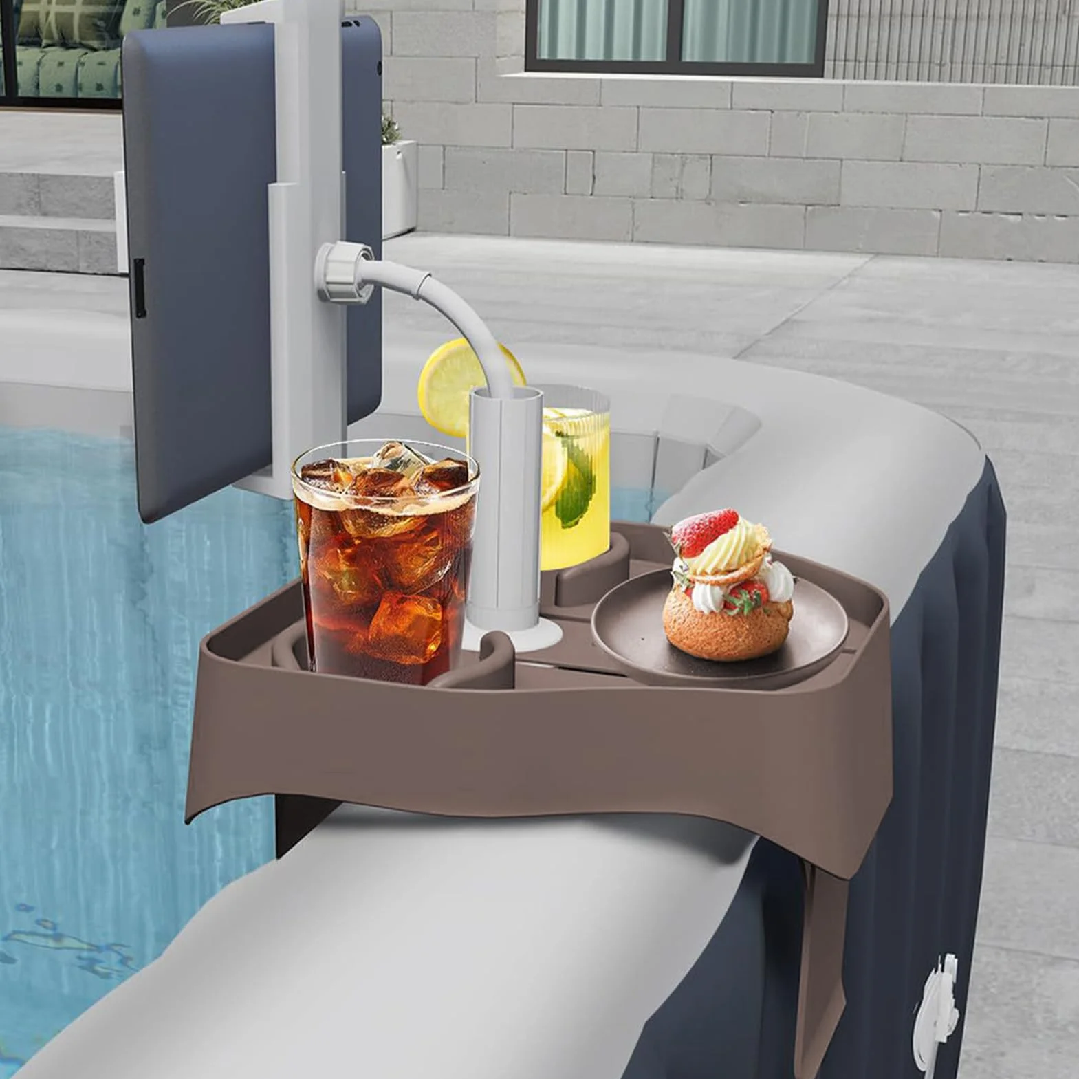 Bandeja flotante multifuncional para bebidas con 2 portavasos, ajustable, antideslizante, para piscina y bañera, almacenamiento perfecto para bebidas y aperitivos