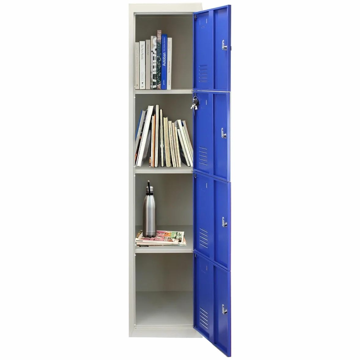 Taquilla Metálica para Montar con 4 Puertas Azules 45x38x180cm con Estantes llaves Imanes Portatarjetas Nombre Número Armario Casillero Metalico Blue Metal Locker Escuela Gimnasio Vestuario y Oficina