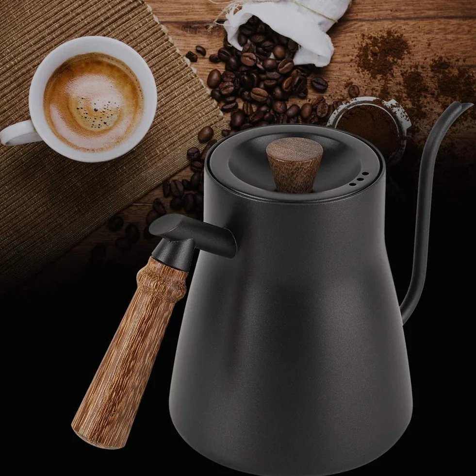 POEFT Tetera de café de 850 ml con termómetro integrado, de acero inoxidable, cuello de cisne, cafetera larga y estrecha con mango ergonómico de madera aislado