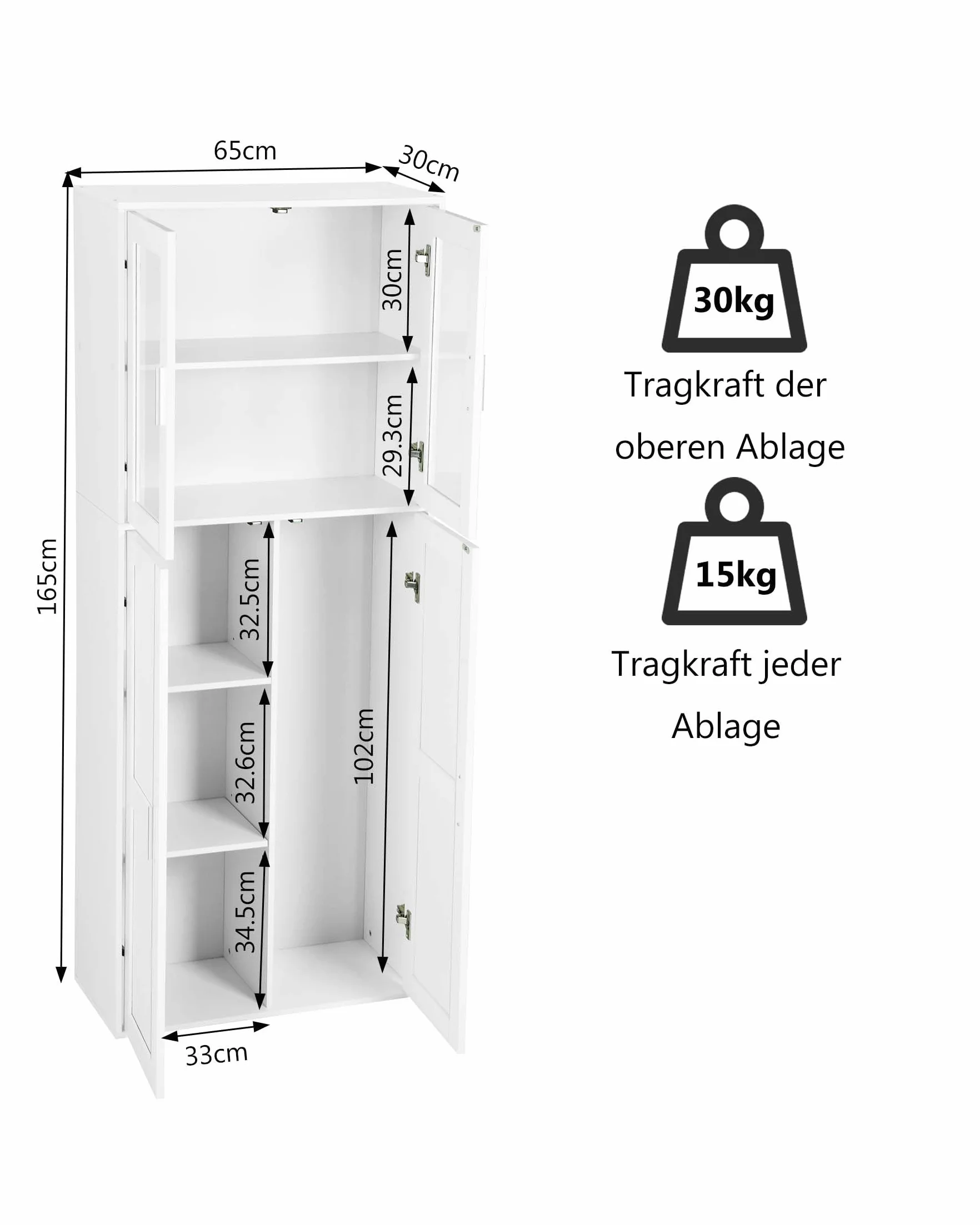 Armario Escobero y Mueble Auxiliar con Puerta de Cristal, Armario Columna de Cocina para Aspiradora, Diseño Shaker Blanco, Despensa Alta para Lavadero y Entrada, 65x30x165cm