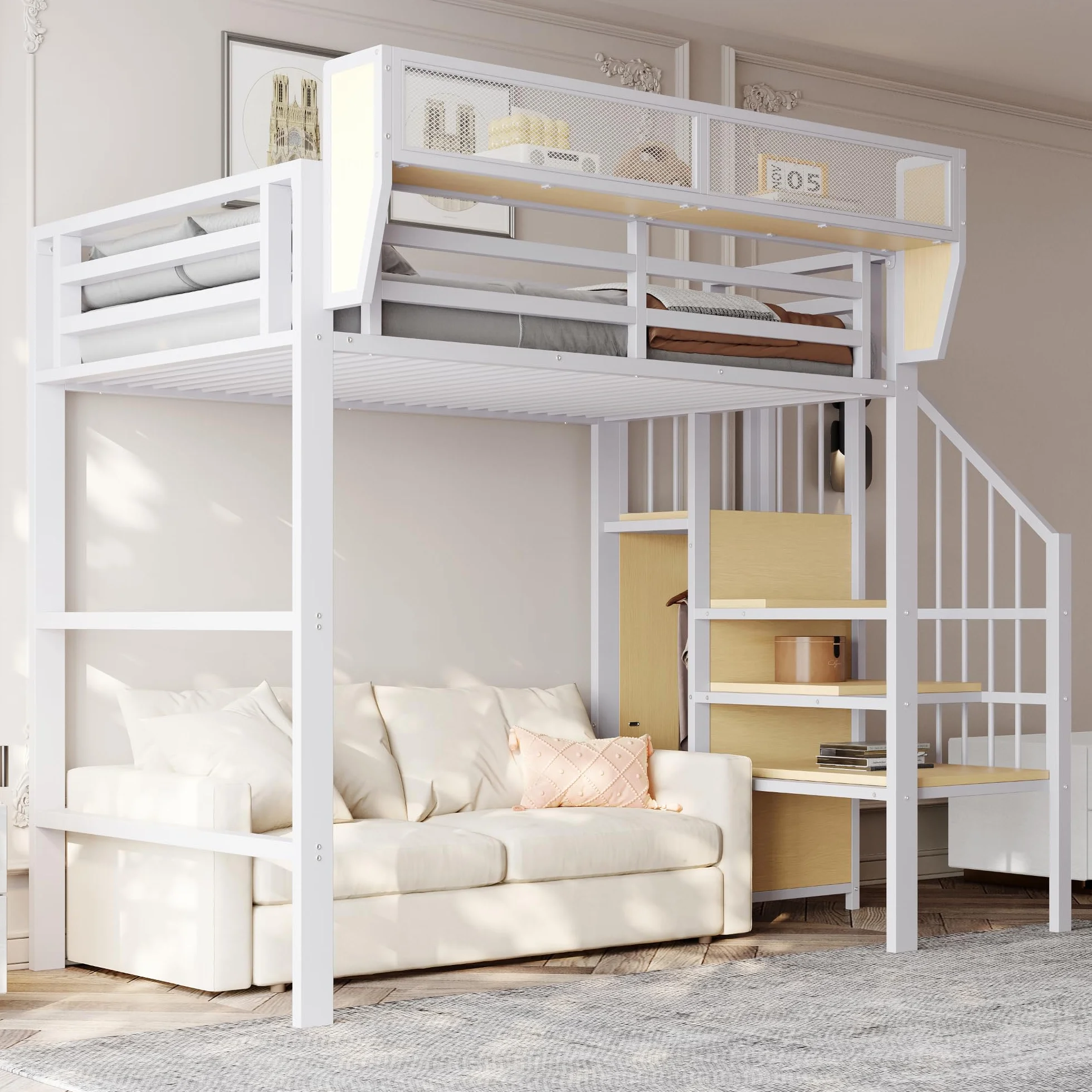 Moimhear Cama alta con escalera de seguridad y compartimento de almacenamiento flexible, cama de metal para adultos, cama para niños, litera (blanco, 90 x 200 cm)
