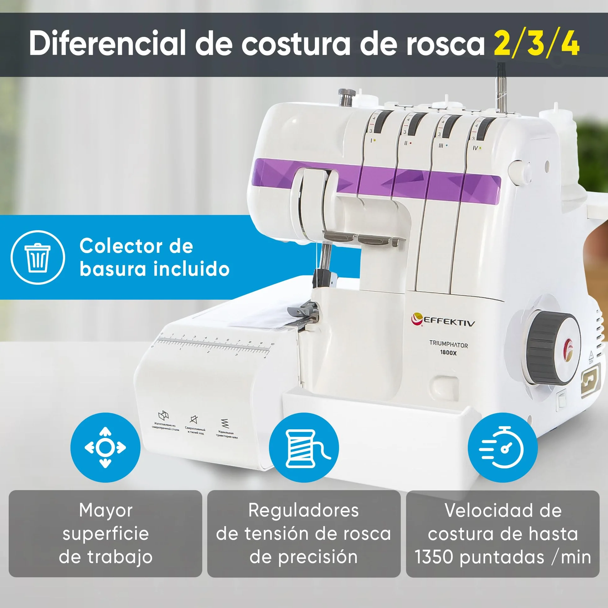 EFFEKTIV Remalladora Overlock 1800X, Máquina Overlock 3/4 Hilos con Diferencial, Enhebrado Automático, 1300 Puntadas/min, Plataforma de Manga