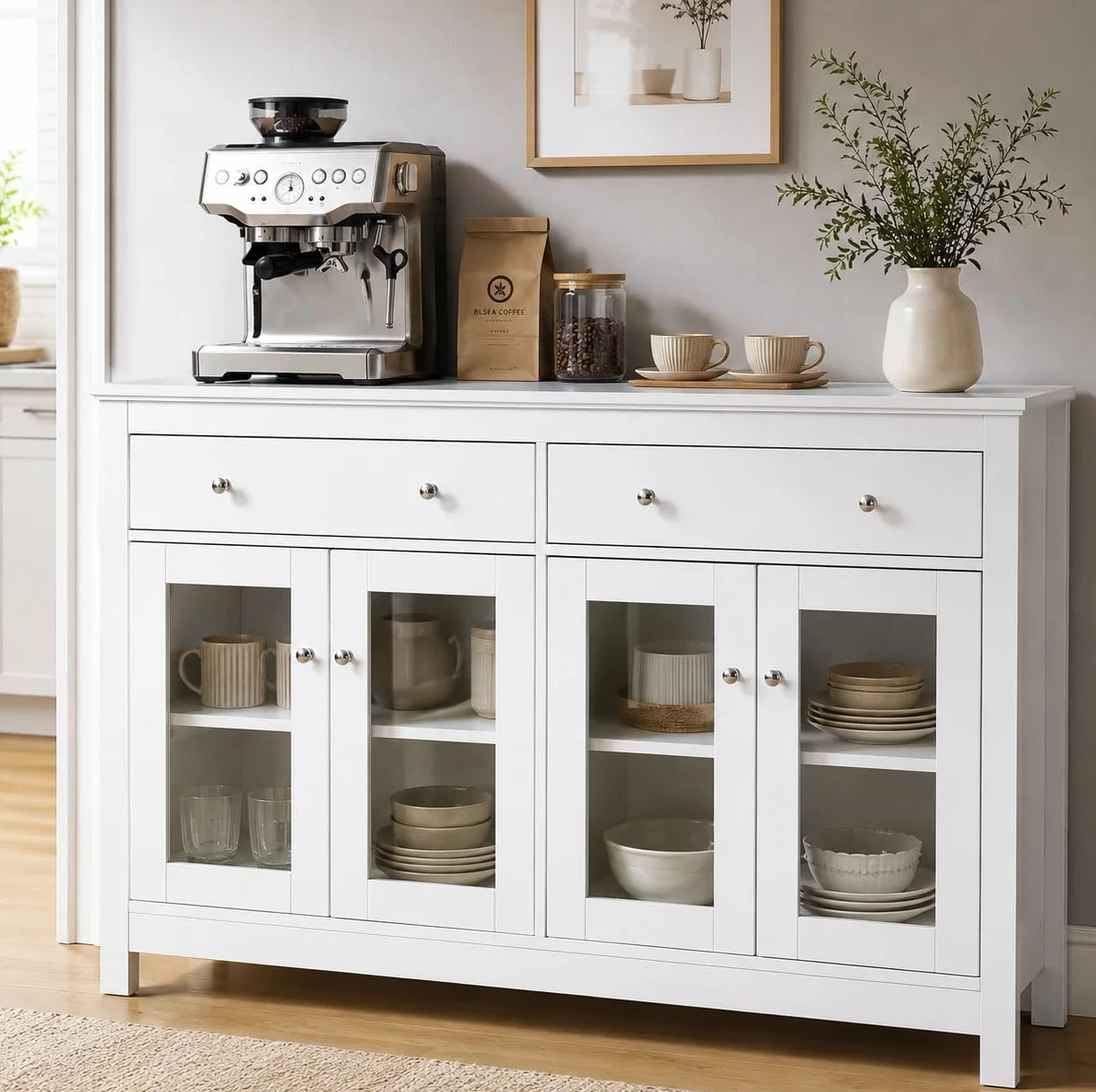 Aparador Blanco de Cocina, Mueble Auxiliar Moderno con Puertas de Vidrio y Alacena Grande con Cajones para Salón o Comedor 140x40x90.7cm