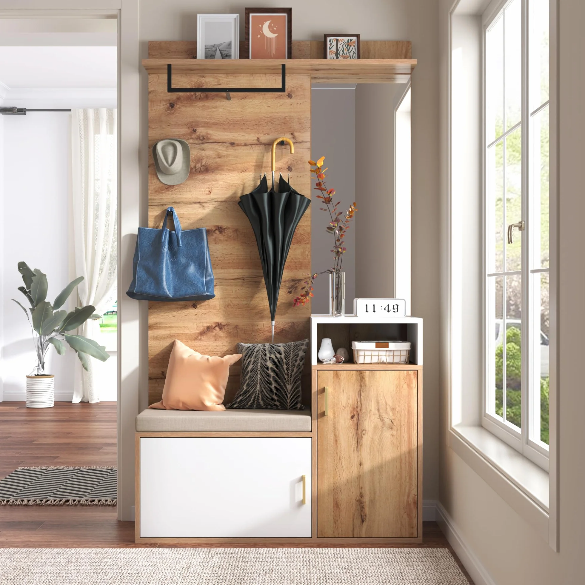 LAKFEW Juego de Perchero con Espejo, Perchero Zapatero con 4 Ganchos y 2 Puertas, Conjunto de Percheros Mueble Recibidor Entrada con Estante de Almacenamiento, 105x40x190.5 cm, Color Madera+Blanco