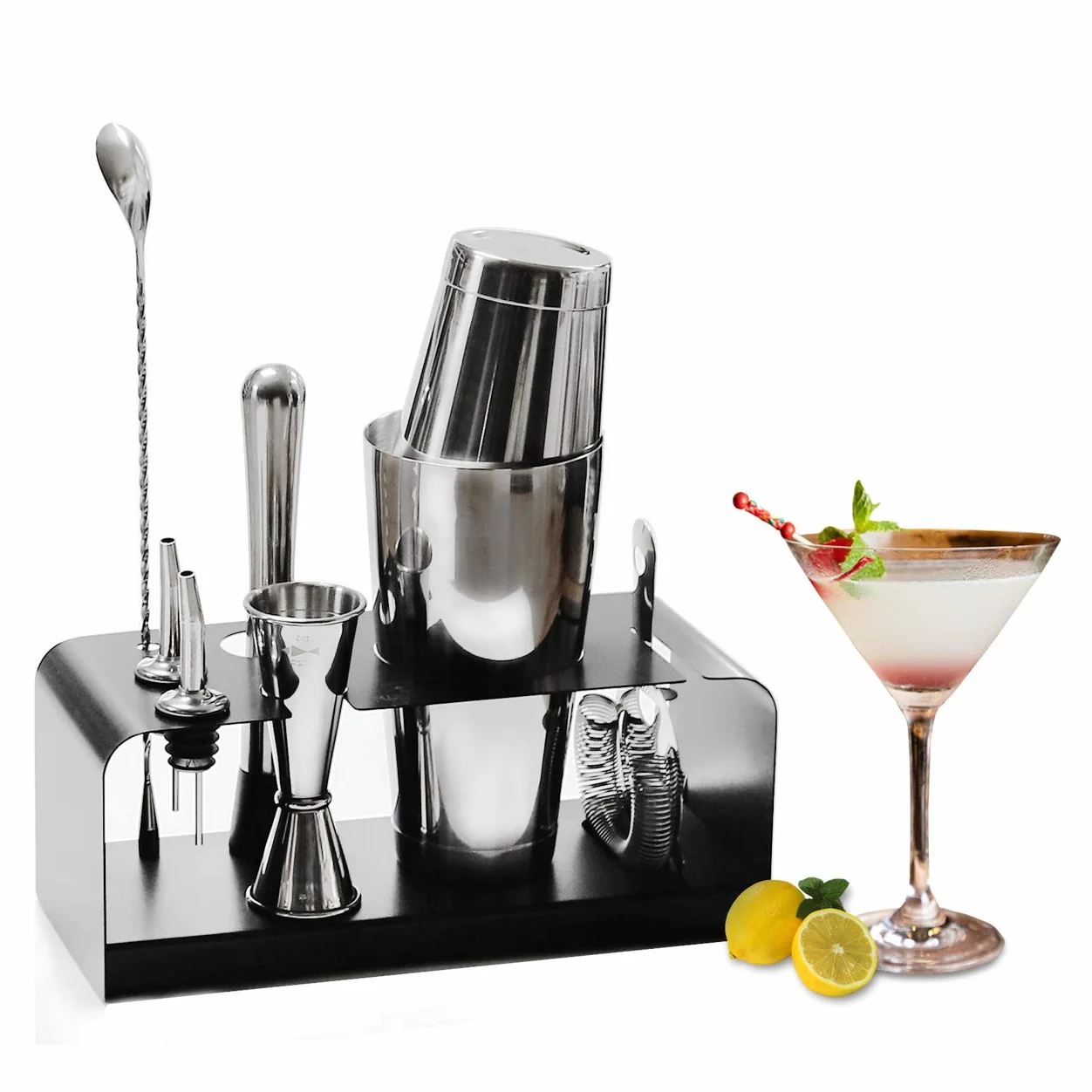 SKY FISH Juego de Coctelera, Utensilios para Cócteles de 8 Piezas con Soporte de Acero Inoxidable, Kit de Barman Hogar y Juego para Hacer Cócteles