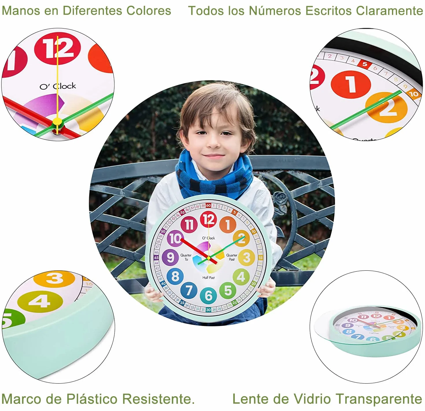 30cm Reloj de Pared Educativo para enseñar el Tiempo para niños, Silencioso, Funciona con Pilas, Aprender a Contar, Reloj de Pared de Cristal Vidrio Decorativo Colorido