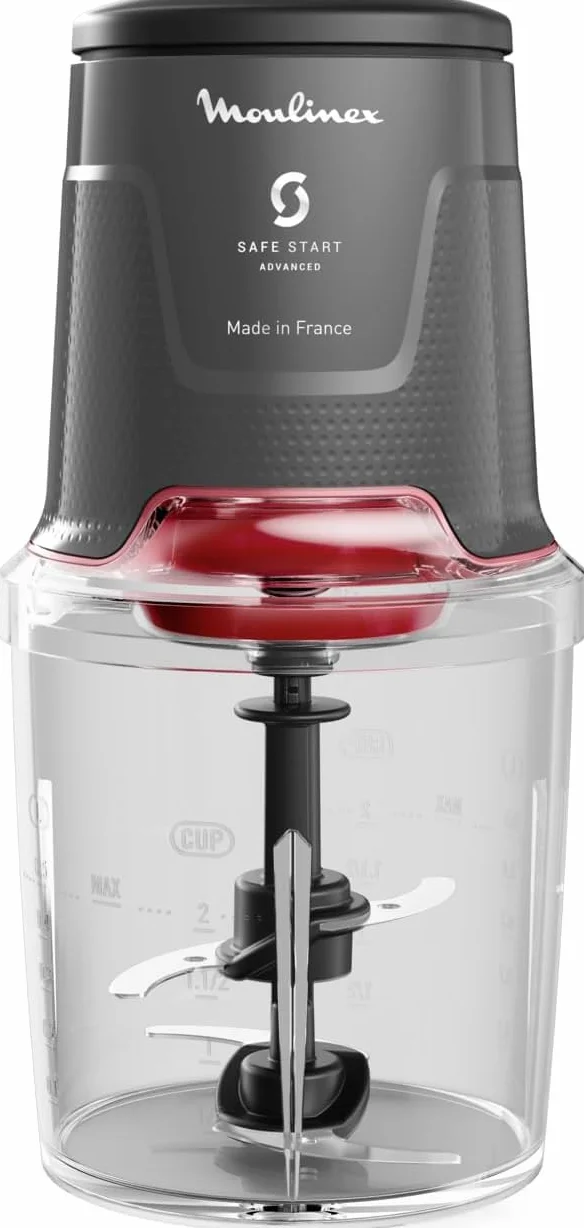 Moulinex Easy Press, Picadora de alimentos, 600 W, Capacidad de 500 ml, 4 cuchillas afiladas de acero inoxidable, Tecnología Safe Start Advanced, 3 funciones, Apta lavavajillas, Gris, AT740HF1