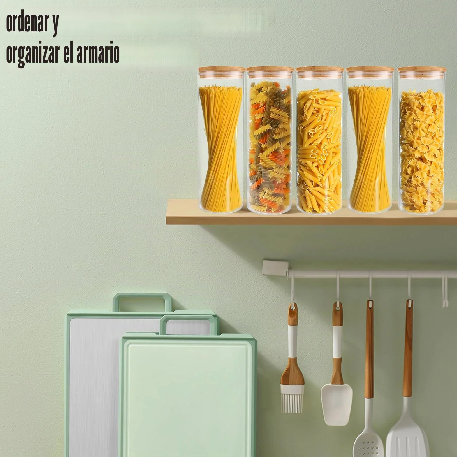 Juego de 5 tarros de cristal con tapa, 2100 ml con tapa, herméticos para espaguetis, fideos, cereales