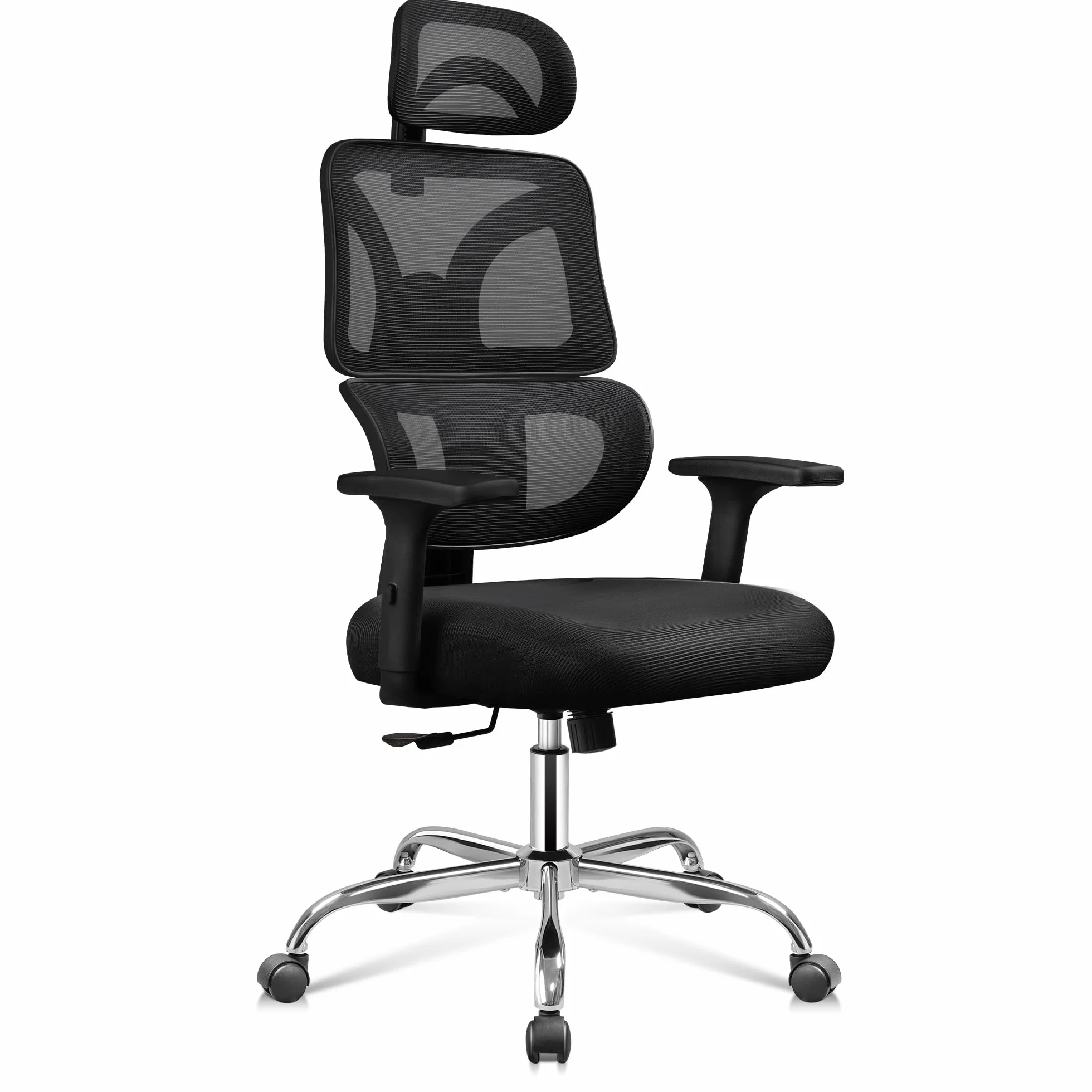 DEVAISE Silla de Oficina Ergonómica, Reposacabezas 3D y Reposabrazos 3D de Rebote, Inclinación 90°-135°, Malla Transpirable, Soporte hasta 180 kg, Altura Ajustable para Oficina, Negro