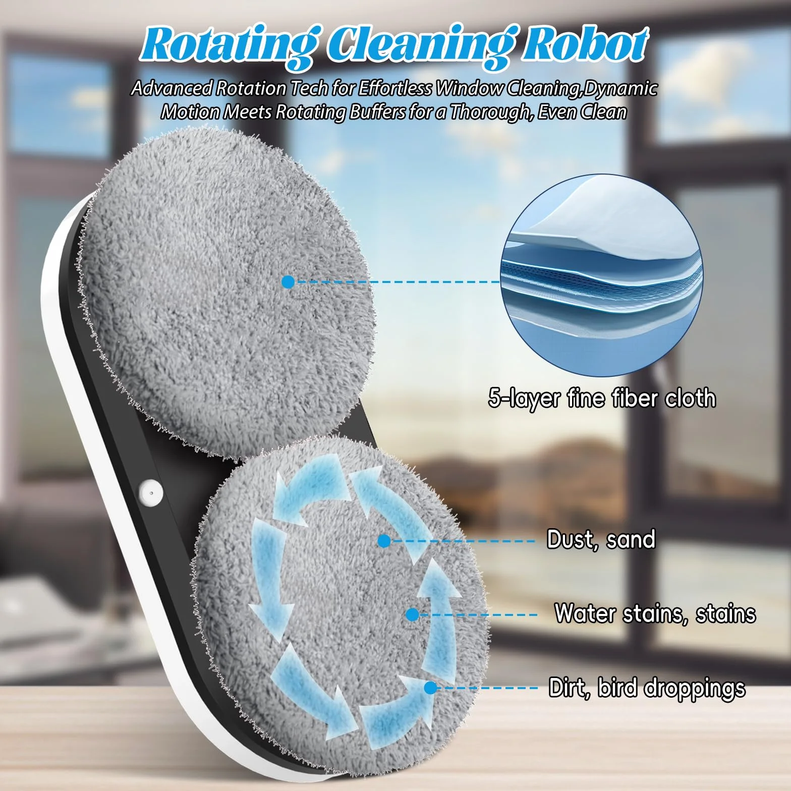 Robot Lavador de Vidrio, 5600Pa Robot Limpiador de Cristal con Doble Pulverización de Agua, 3 modos de Limpieza, Control Remoto Inteligente Navegación Protección Anticaída y 8 Paños para superficies